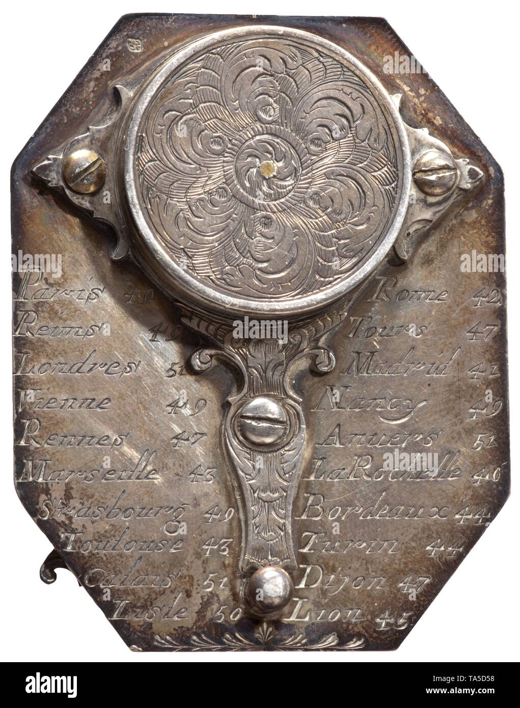 A silver sundial, Paris, 18th century Octagonal plate with finely engraved scale and signature 'Chapotot Ã  Paris'. Adjustable collapsible hand with base in the shape of a bird, the compass with intact glass lid. On the back a list of European cities with the corresponding settings. Dimensions 57 x 47 cm. historic, historical, handicrafts, handcraft, craft, object, objects, stills, clipping, clippings, cut out, cut-out, cut-outs, 18th century, Additional-Rights-Clearance-Info-Not-Available Stock Photo