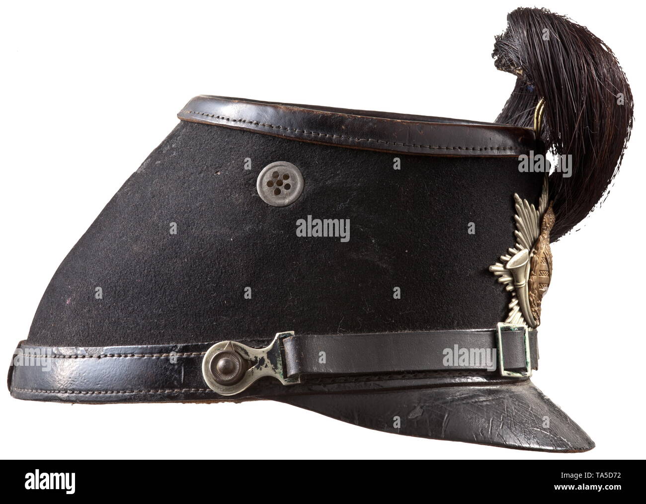 A shako for enlisted men of the Jäger Battalion No. 12, Dresden, circa 1910 Black felt body, star-shaped Jäger emblem with royal Saxon coat of arms, black leather chinstrap on button 91, black horsehair plume with mounting wire, brown leather sweatband, beautiful depot stamp 'K.S.XII-10', size stamp '56'. Signs of age and usage. Well-preserved depot piece. historic, historical, Saxony, Saxonia, Saxonian, German, Germany, 20th century, Additional-Rights-Clearance-Info-Not-Available Stock Photo