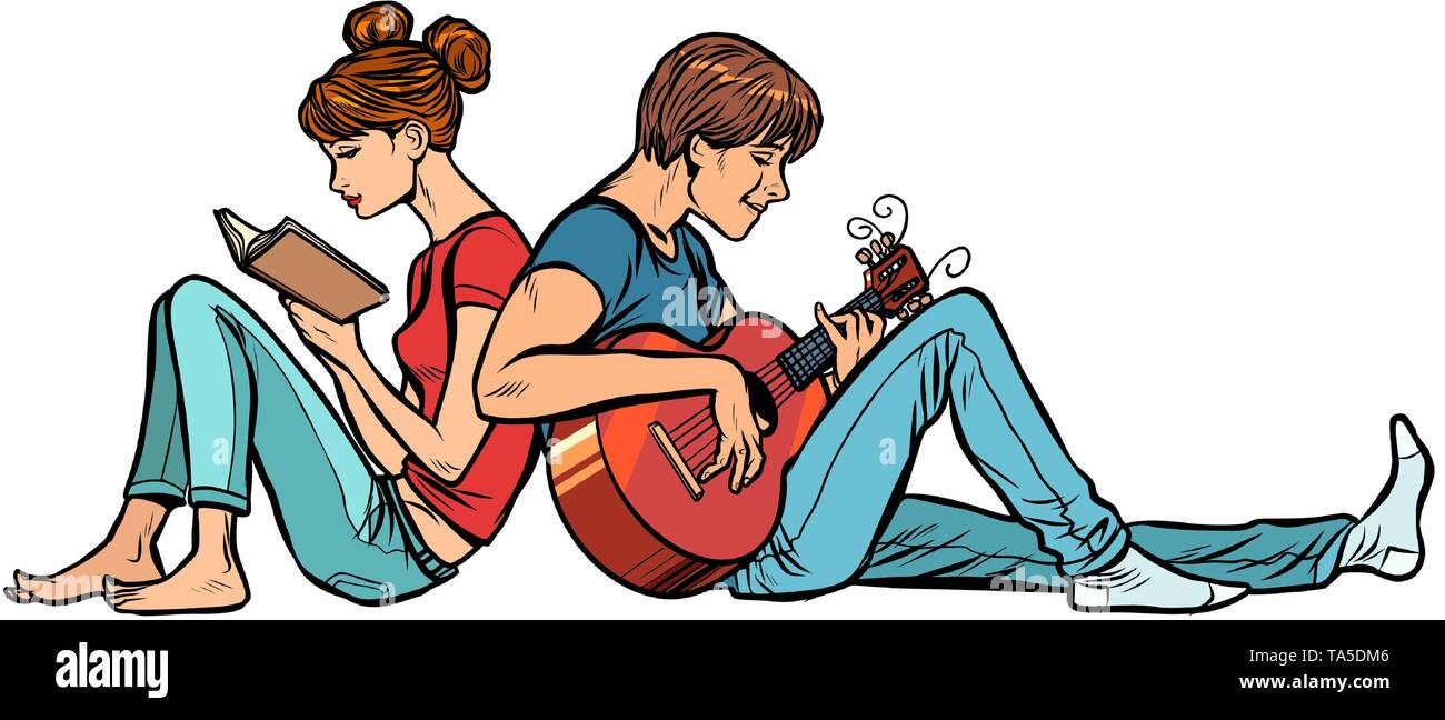 A couple of teenagers girl and boy. Woman reading a book, a man playing guitar Stock Vector
