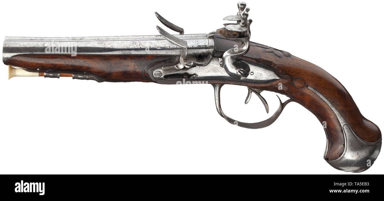 A French pair of double-barrel flintlock pistols, circa 1780 Parallel barrels with smooth bores in 13 mm calibre. At the breeches (rubbed) ornamentally engraved with remnants of gilding. Smooth flintlocks with florally lightly carved walnut stocks and smooth iron furnitures. Replaced wooden ramrods with bone tips. Length 31.5 cm each. historic, historical, civil handgun, civil handguns, handheld, gun, guns, firearm, fire arm, firearms, fire arms, weapons, arms, weapon, arm, 18th century, Additional-Rights-Clearance-Info-Not-Available Stock Photo