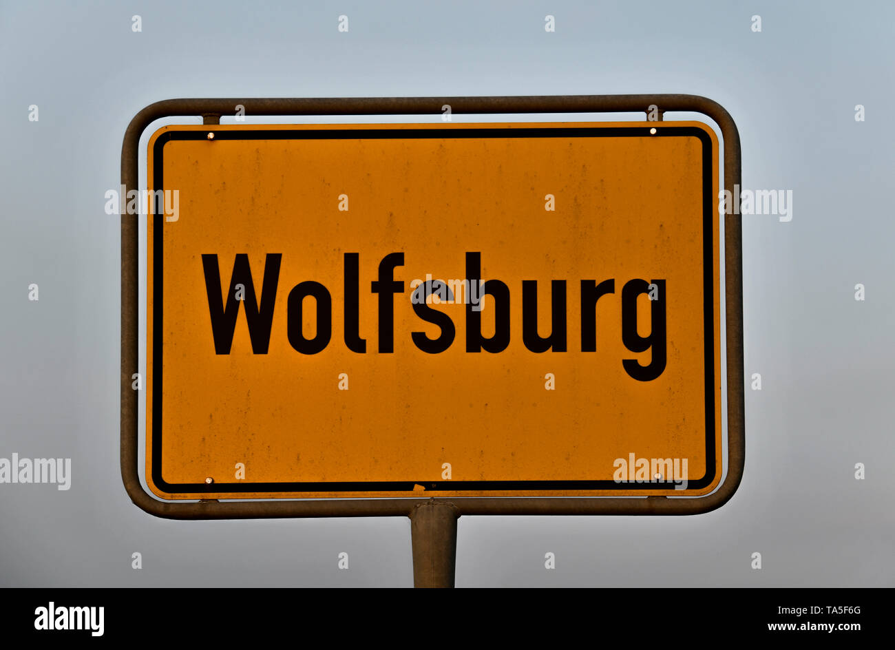 Local sign, Wolfsburg, Lower Saxony, Germany, Ortsschild, Niedersachsen, Deutschland Stock Photo