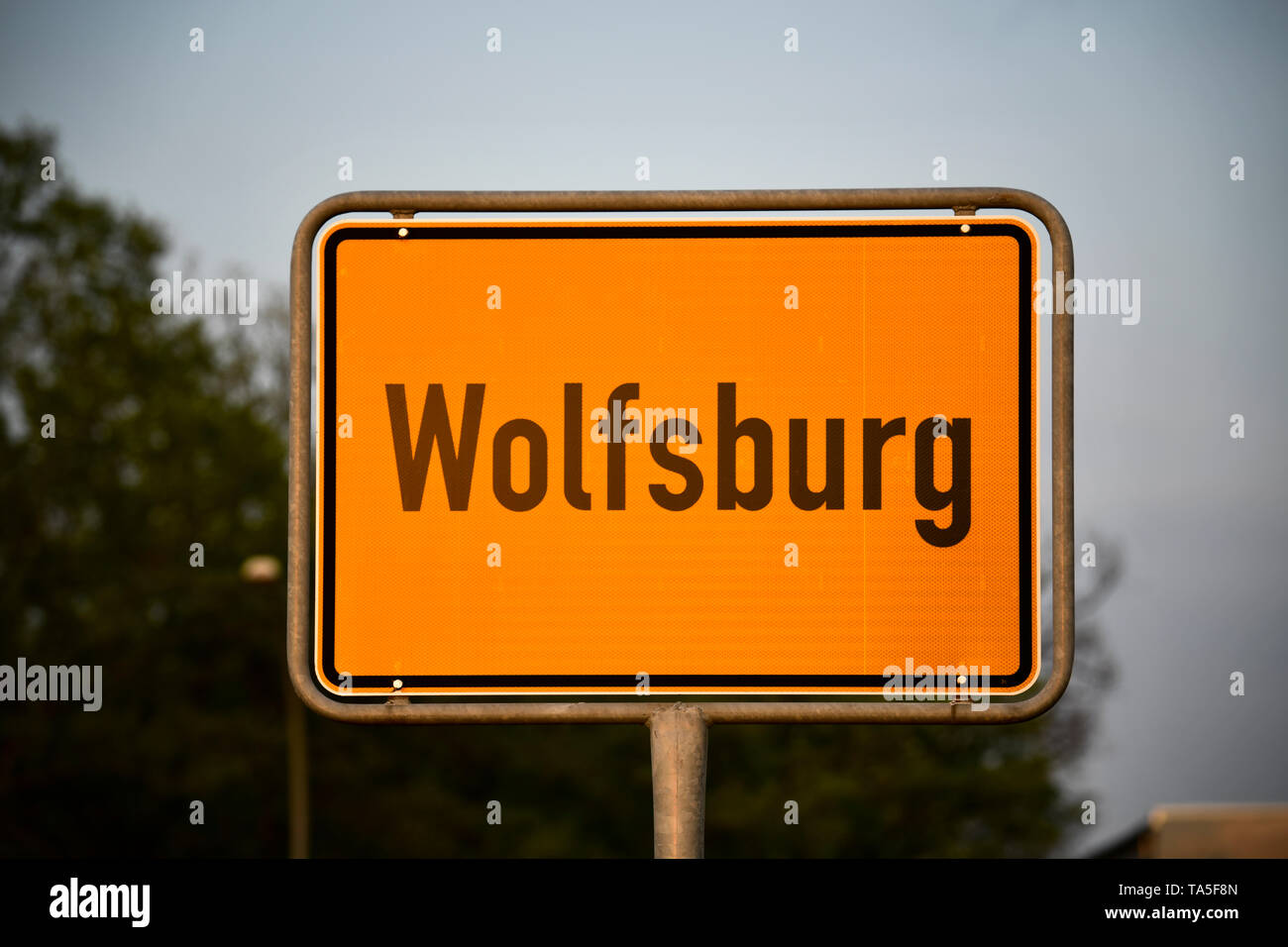 Local sign, Wolfsburg, Lower Saxony, Germany, Ortsschild, Niedersachsen, Deutschland Stock Photo