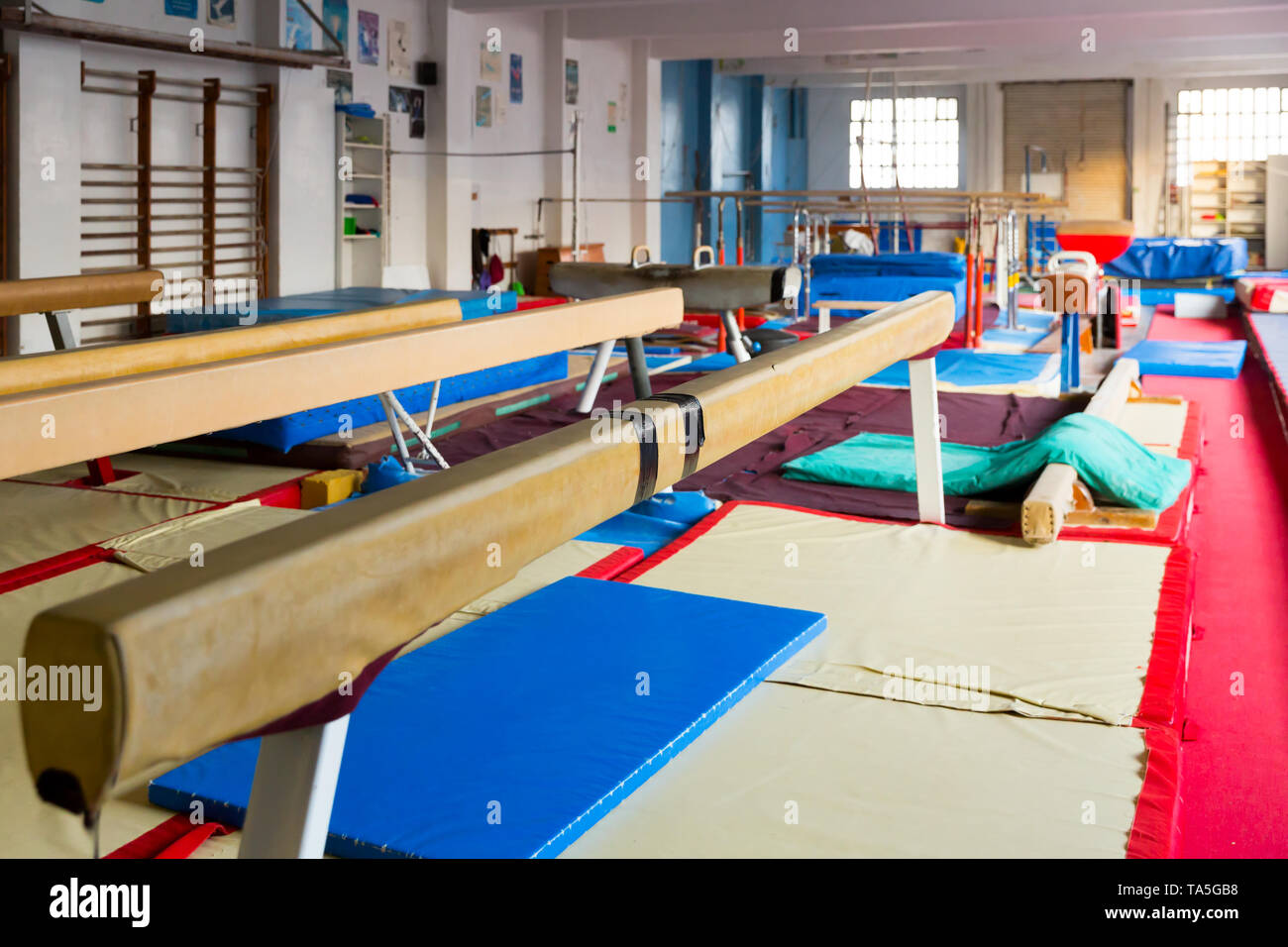 Interior of acrobatic center with gymnastic equipment Stock Photo Alamy