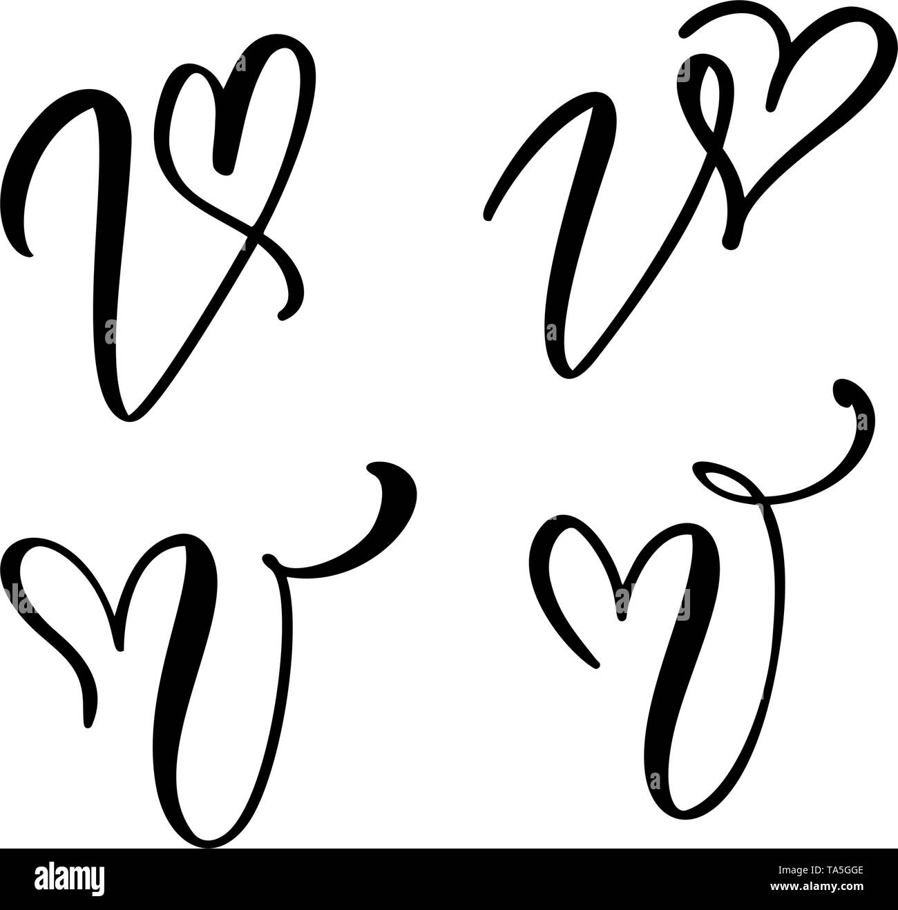 Vector Set Of Vintage Floral Letter Monogram V Calligraphy Element Valentine Flourish Hand Drawn Heart Sign For Page Decoration And Design Stock Vector Image Art Alamy