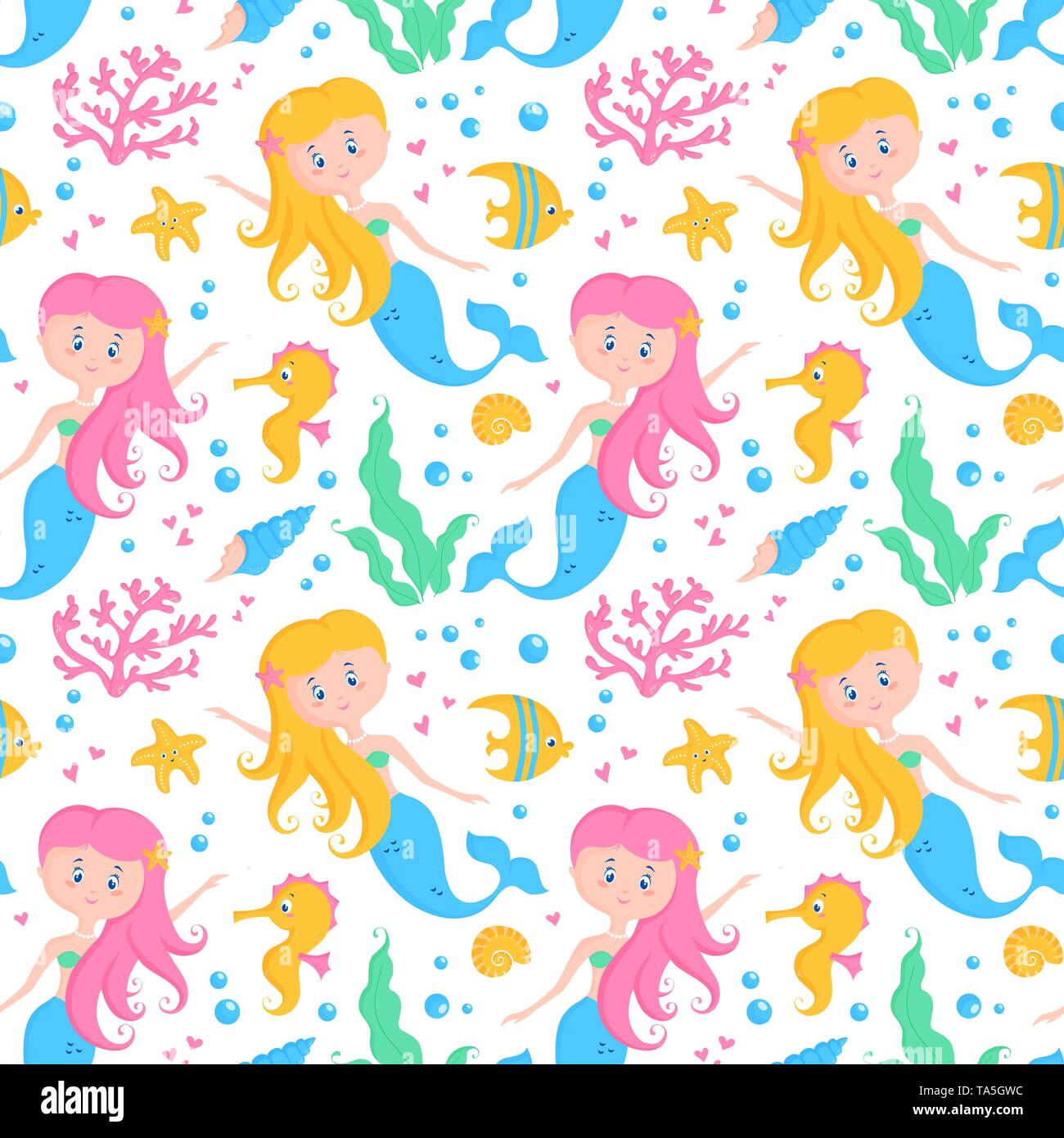 Seamless pattern with little mermaids, cute sea animals and plants - seahorses, fishes, starfishes, shells, corals, seaweeds. Undersea vector backgrou Stock Vector