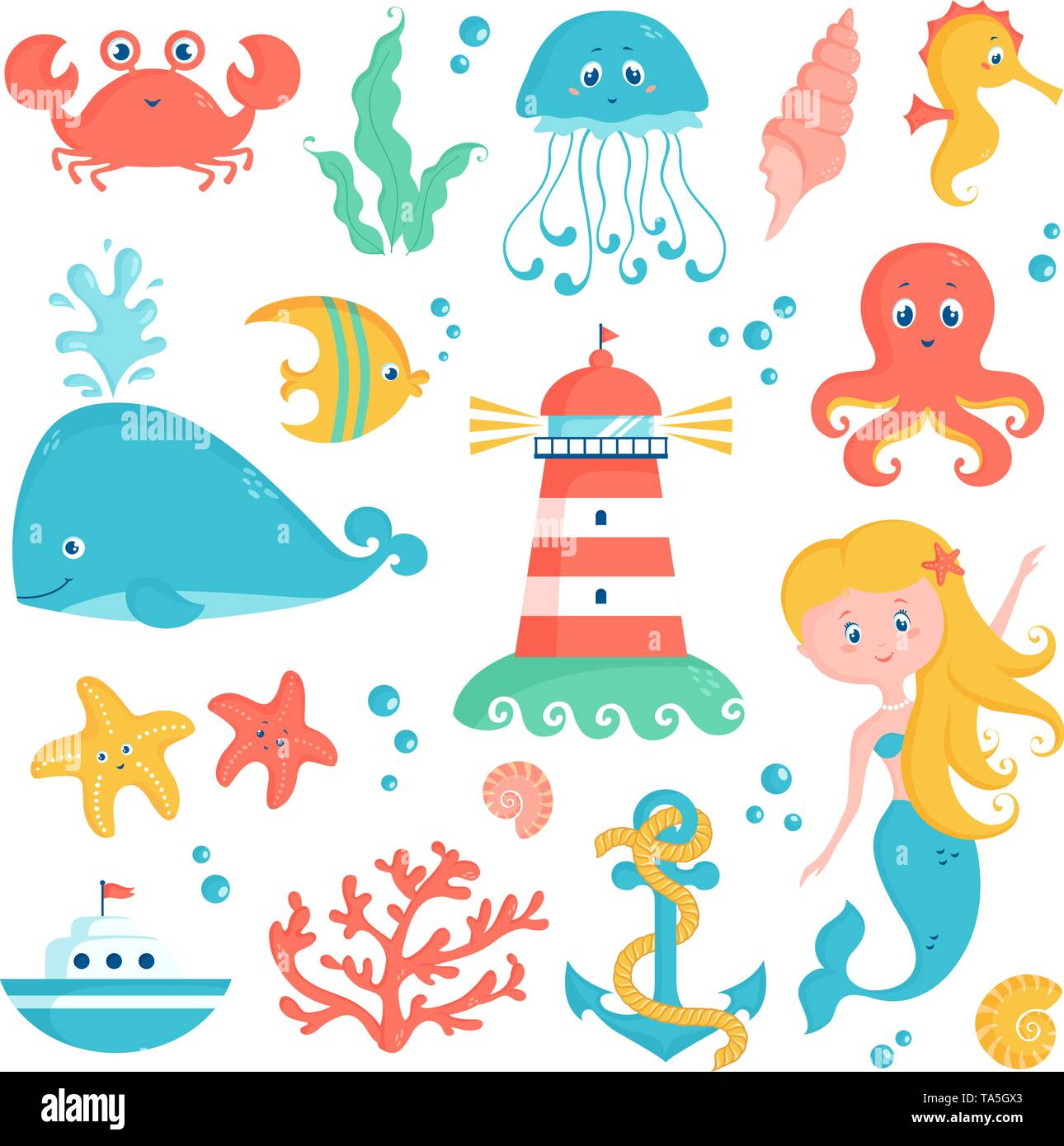 Sea animals, plants, and nautical objects - whale, seahorse, octopus, coral, lighthouse, anchor and other marine symbols. Set of cute vector elements. Stock Vector