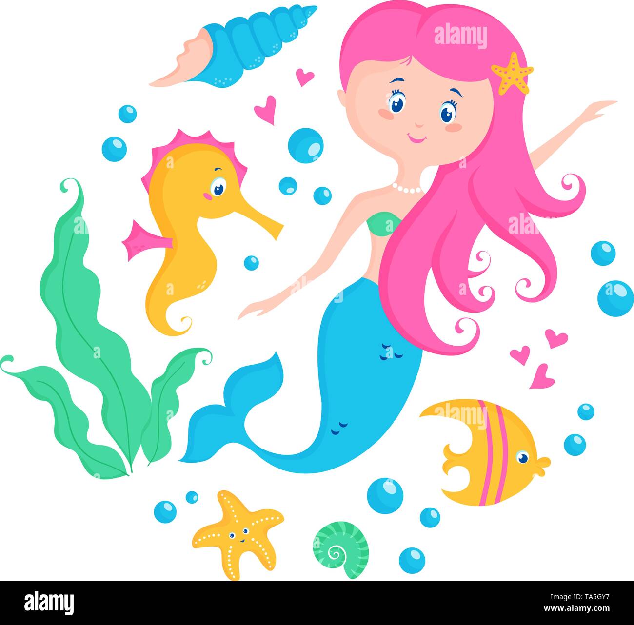 Little mermaid and cute sea animals: seahorse, fish, starfish, shell. Vector illustration for poster, card, kids apparel or invitation. Childish print Stock Vector