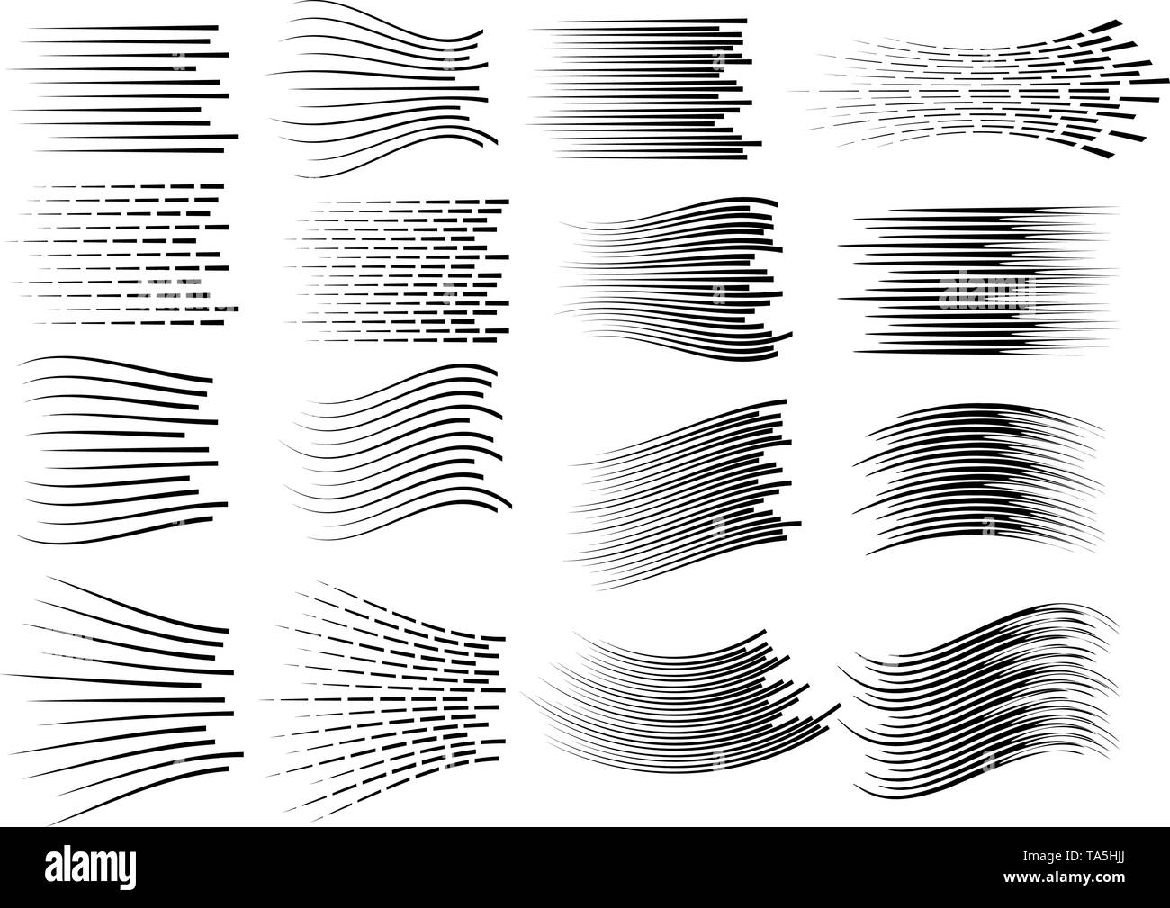 vector speed backgrounds. comic manga illustration with horizontal and curved lines. abstract action black and white drawing. speed cartoon set. motio Stock Vector