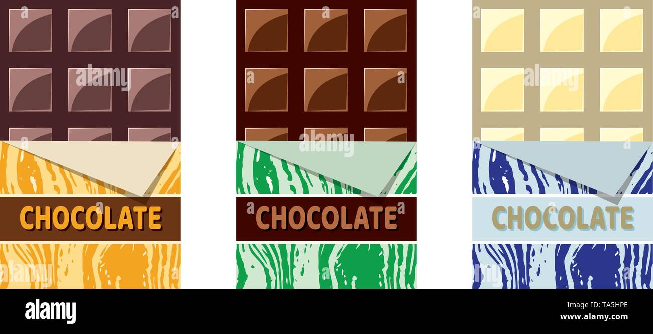 vector collection of opened dark chocolate, milk chocolate and white chocolate bars with a piece of chocolate bar in foil wrapper eps10 illustration Stock Vector