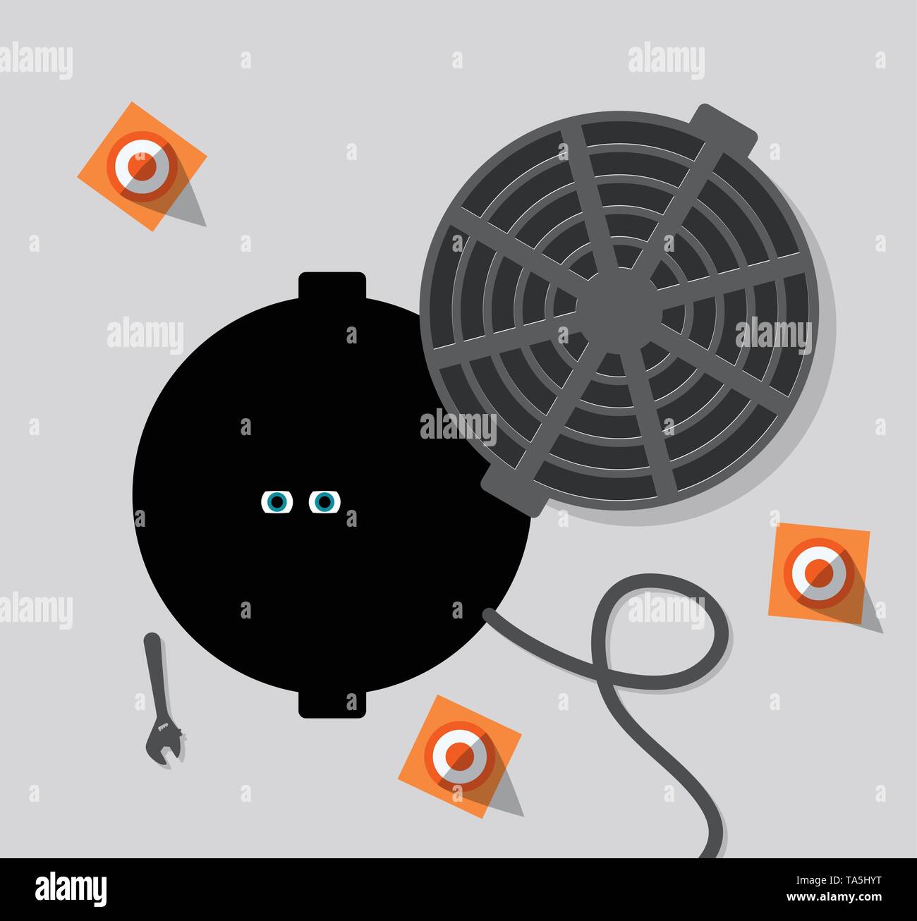 vector cartoon of opened sewerage hatchway, safety cones and sewerage maintenance equipment. danger of opened sewage hatchway background. eps10 illust Stock Vector