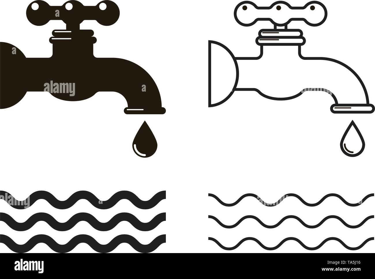 vector water tap icons isolated on white background. symbol of water drop from the tap. leaky water faucet illustration Stock Vector