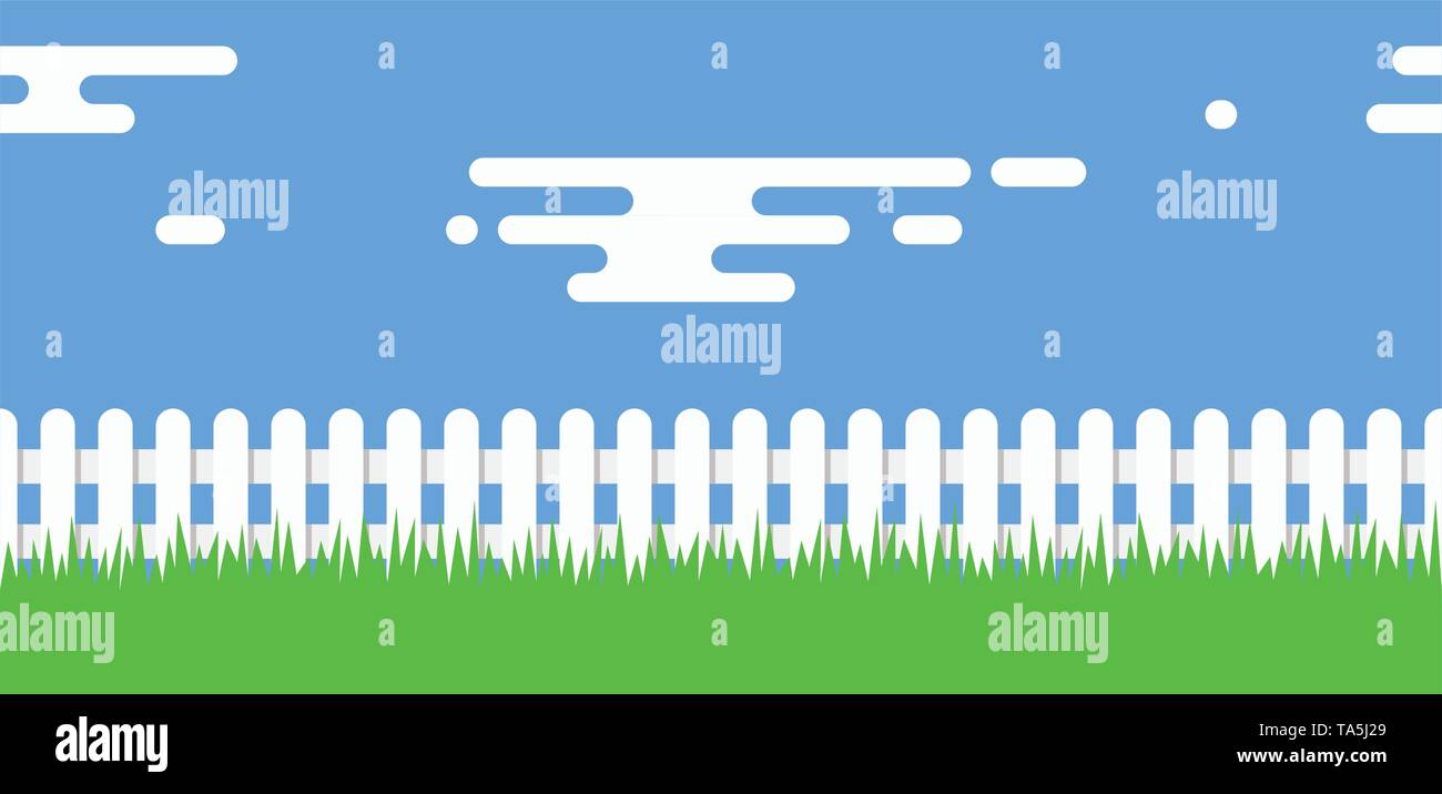 vector seamless background of white picket fence boundary, green grass, blue sky and clouds. rural illustration with wooden picket fence Stock Vector