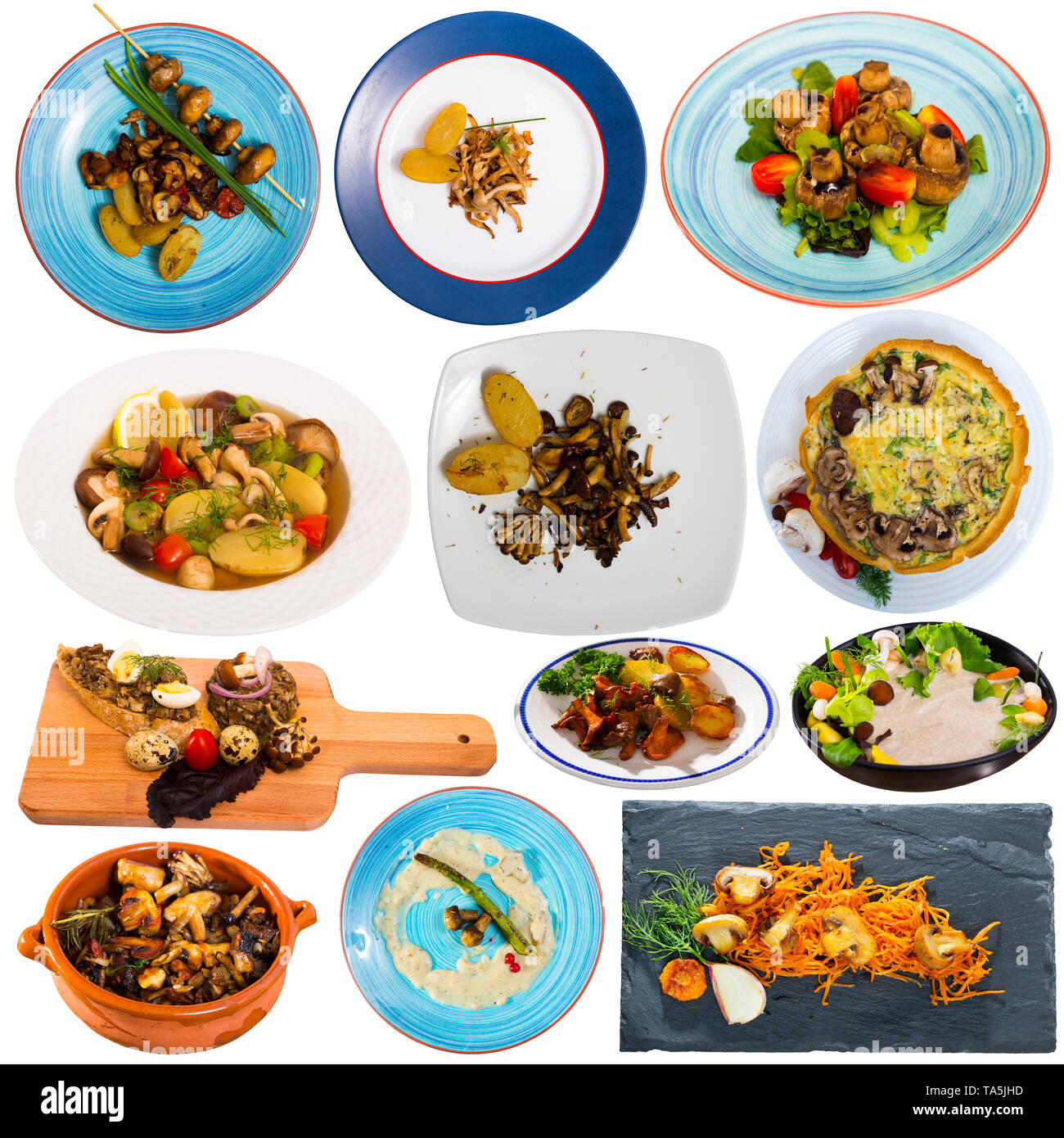 Set of various dishes from mushrooms isolated on white background Stock