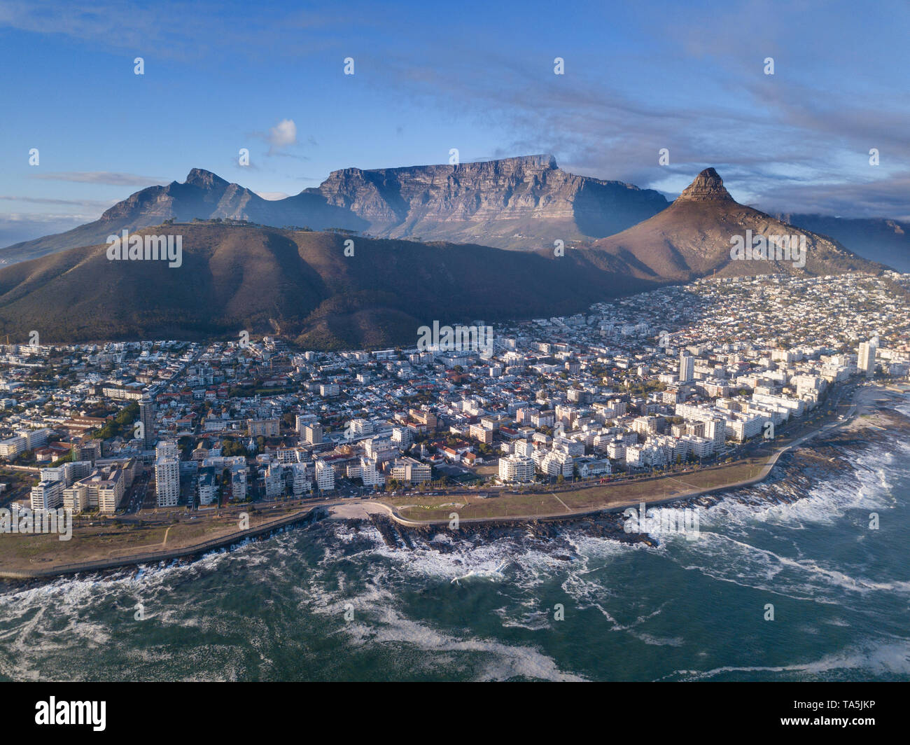 Aerial view over Cape Town, South Africa with Table Mountain Stock Photo