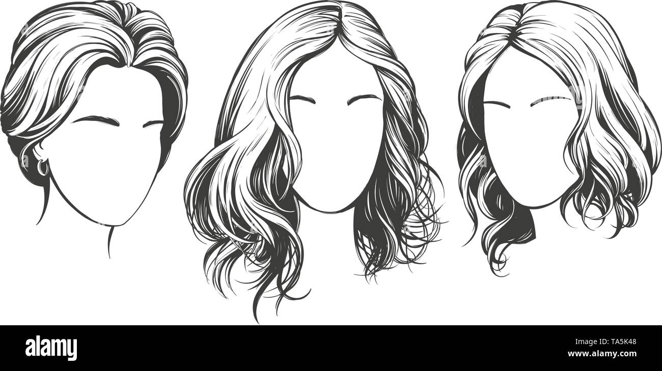 girl set, beautiful woman face hand drawn vector illustration sketch Stock Vector