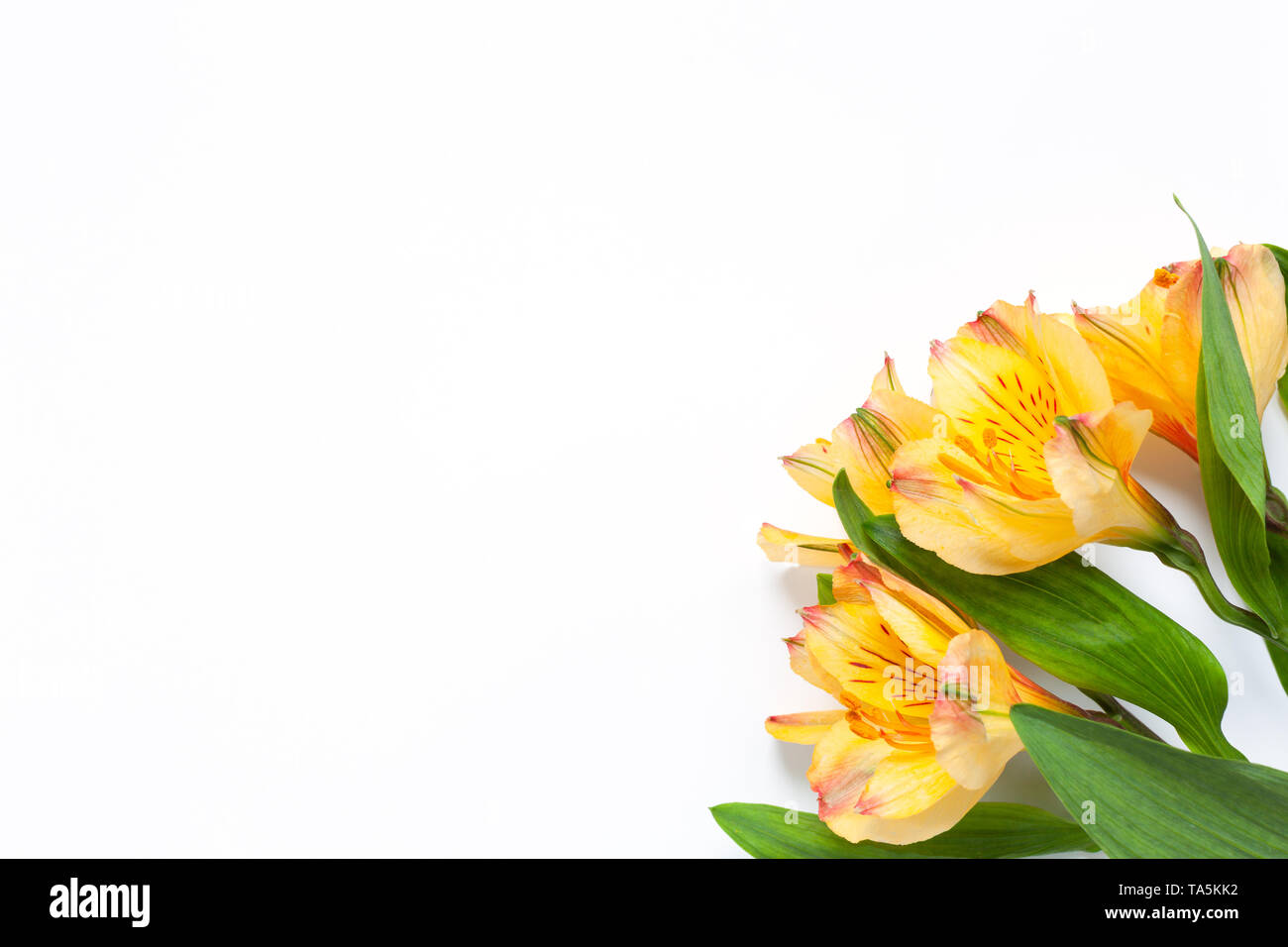 Bouquet of yellow flowers alstroemeria on white background. Flat lay. Horizontal. Mockup with copy space for greeting card, social media Stock Photo