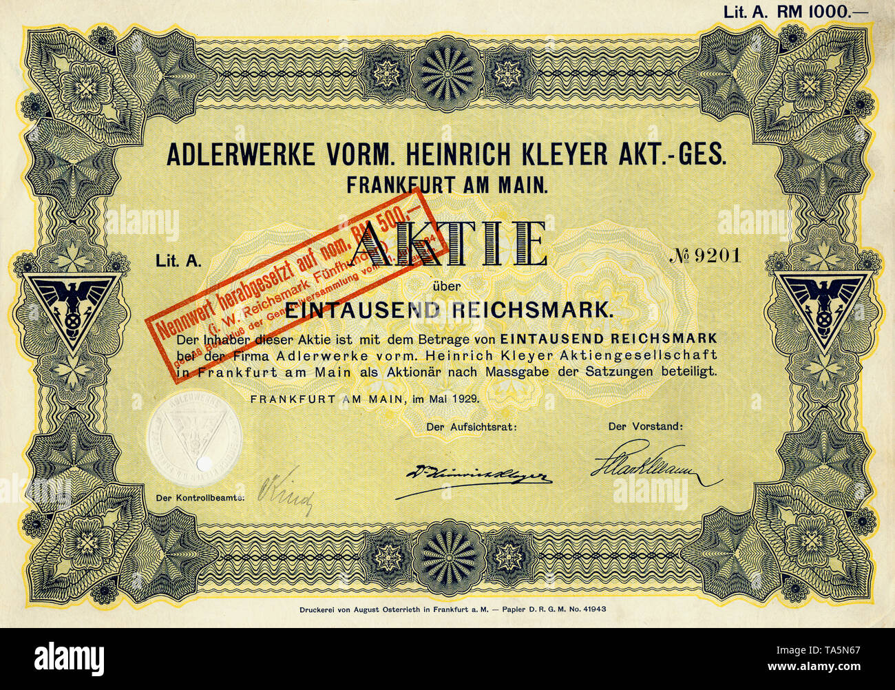 Historic share certificate, 1000 reichsmarks, a former car company and mechanical engineering company for bicycles, cars, motorcycles and office equipment, 1929, Germany, Europe, Historische Aktie über 1000 Reichsmark, Adlerwerke vormals Heinrich Kleyer Aktien-Gesellschaft, Frankfurt am Main, ehemaliges Fahrzeug- und Maschinenbauunternehmen, das Fahrräder, Autos, Motorräder und  Büromaschinen herstellte, Deutschland, Europa Stock Photo