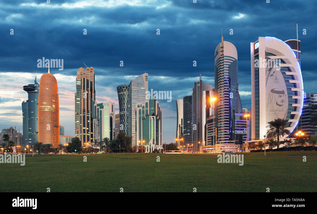 Doha city skyline city center at night, Qatar Stock Photo