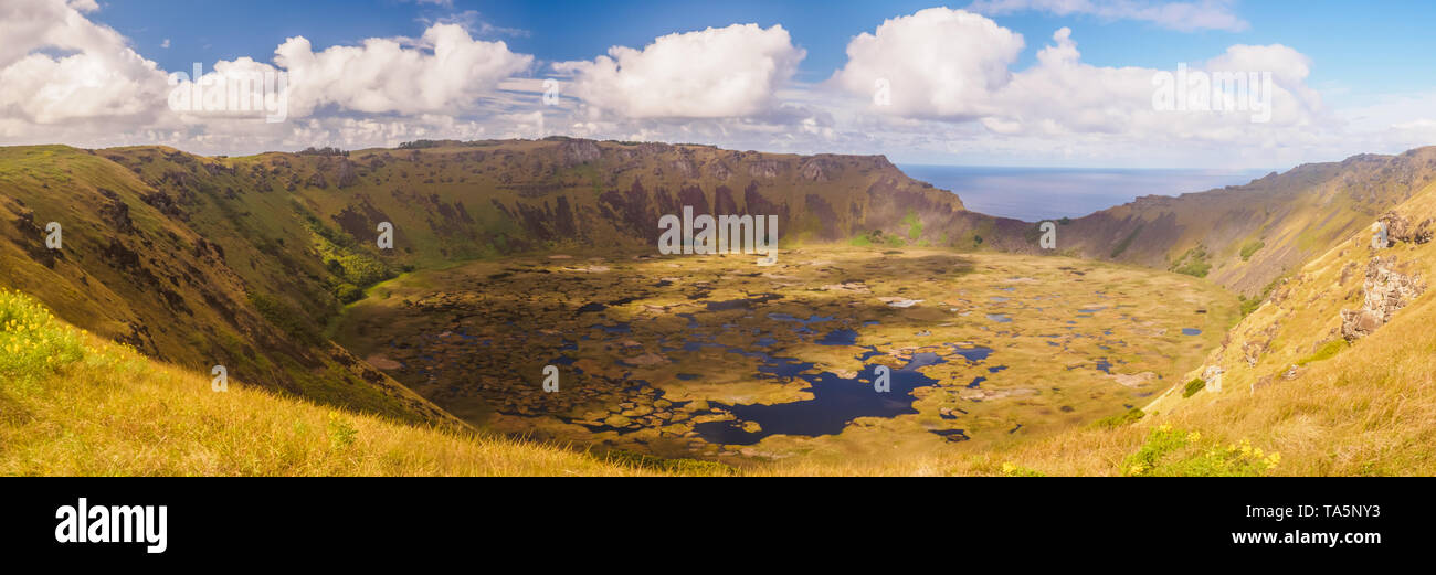 Lake inside the crater of volcano Rano Kao on Easter Island. Chile Stock Photo