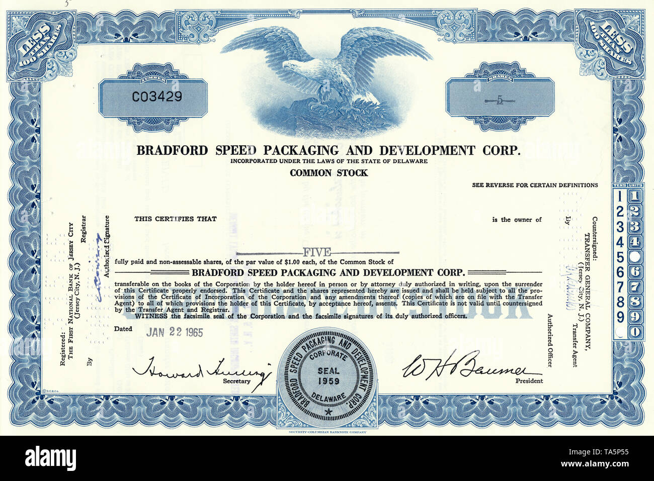 Historical stock certificate of Bradford Speed Packaging and Development Corporation, a manufacturer of packaging machines for food packaging technology, today Kliklok-Woodman, Delaware, USA, 1965, Wertpapier, historische Aktie, Bradford Speed Packaging and Development Corporation, Hersteller von Verpackungsmaschinen für die Lebensmittel-Verpackungstechnik, heute Kliklok-Woodman, 1965, Delaware, USA Stock Photo