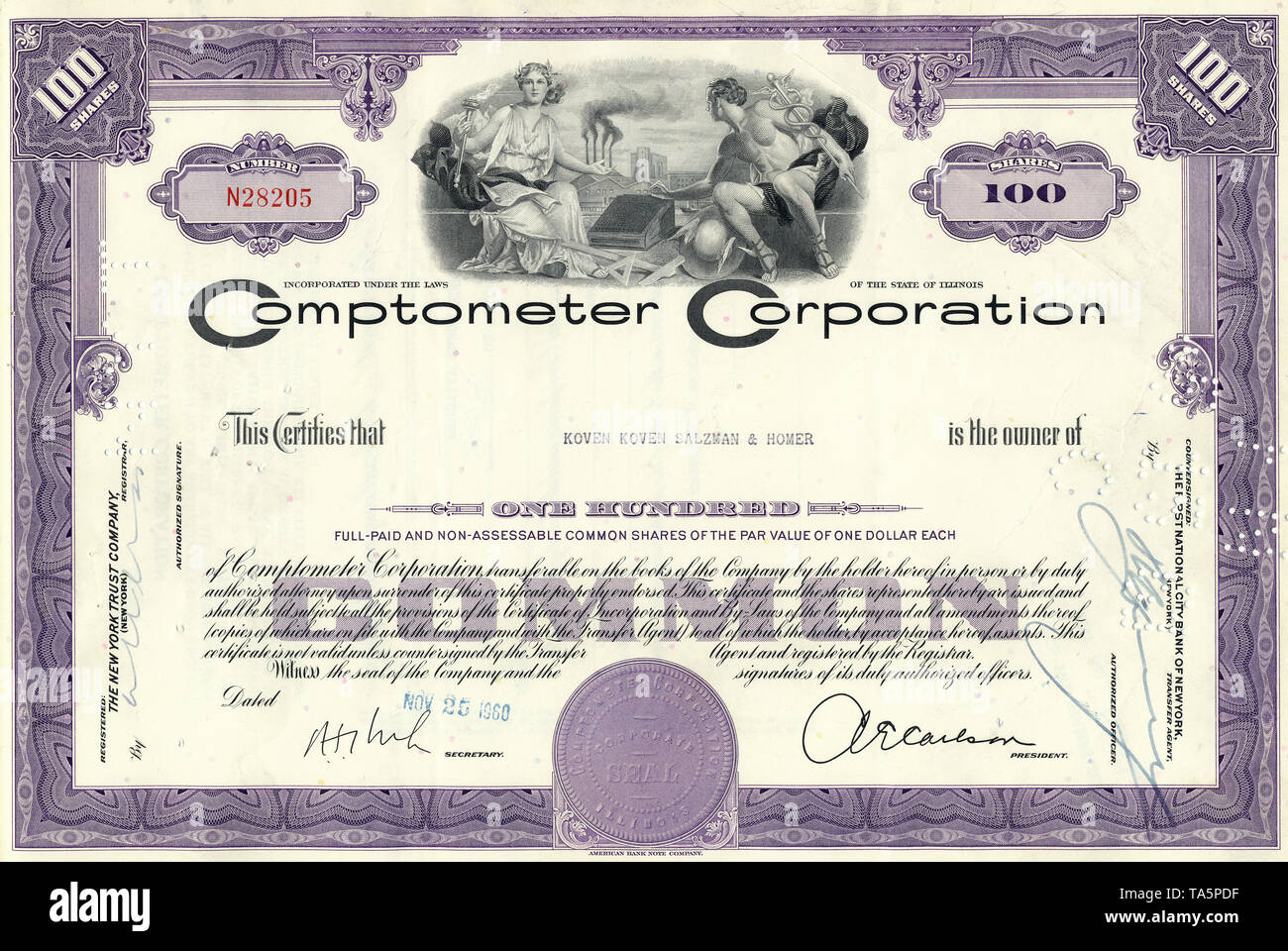 Historical stock certificate, the Greek gods Olympia and Hermes sitting with a mechanical adding machine in front of a factory with smoking chimneys, Comptometers Corporation, Illinois, USA, 1960, Wertpapier, historische Aktie, Motiv: Die griechischen Gottheiten Olympia und Hermes sitzen mit einer mechanischen Rechenmaschine vor einer Fabrik mit rauchenden Schornsteinen, Comptometer Corporation, 1960, Illinois, USA Stock Photo