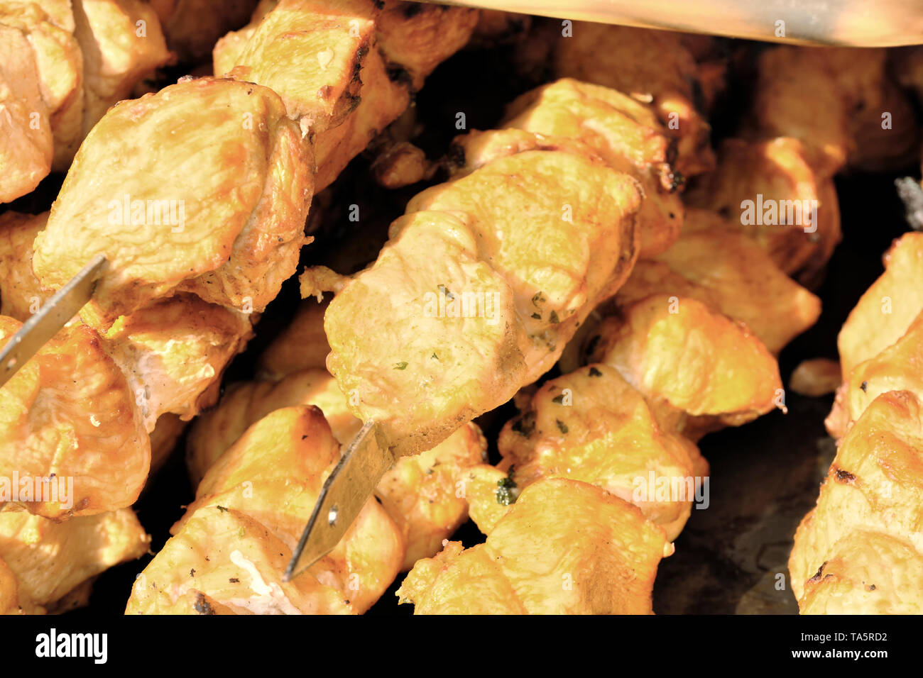 Meat on a skewer is grilled on a picnic closeup Stock Photo