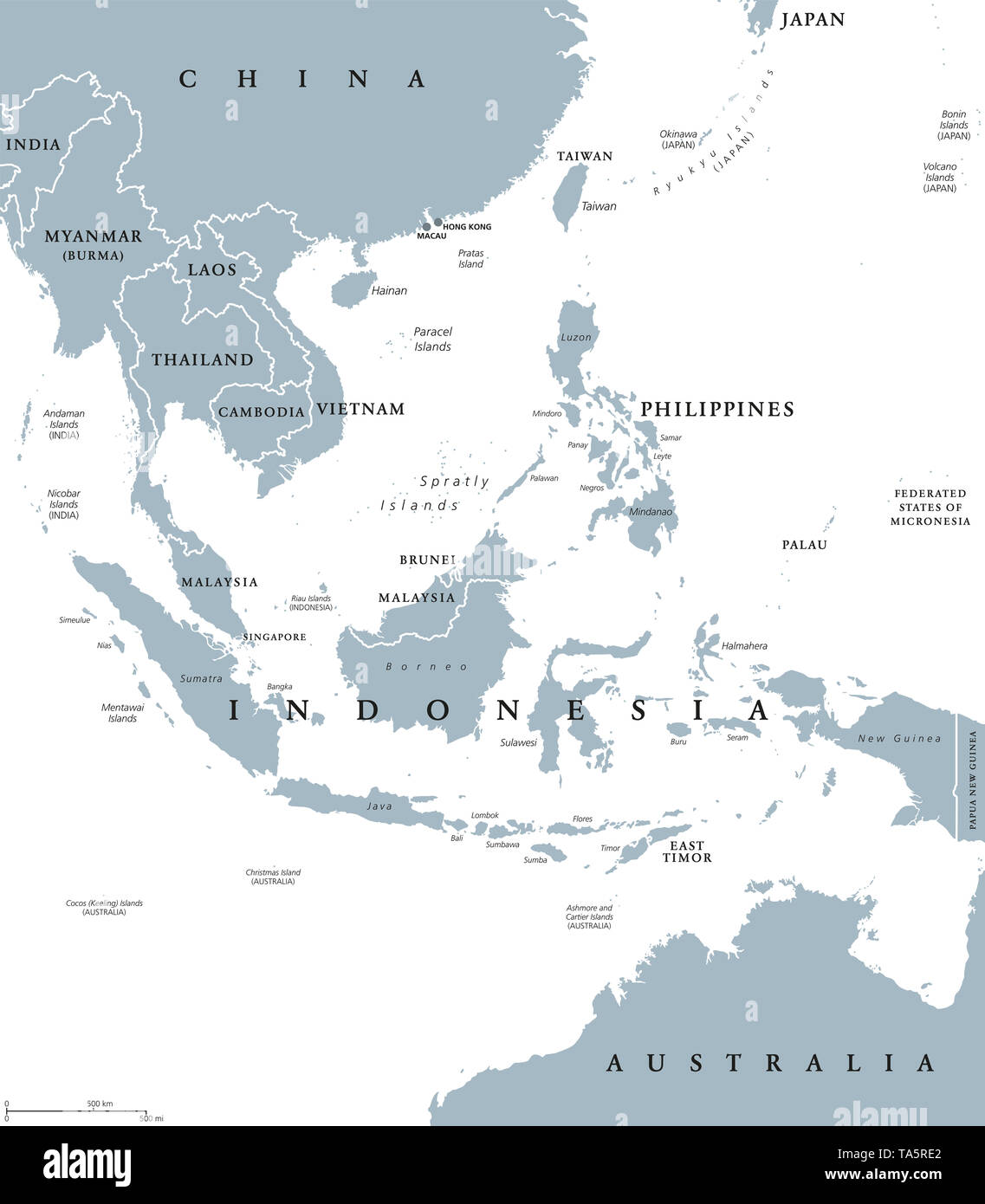 Southeast Asia, political map with borders. Subregion of Asia with countries south of China, east of India, west of New Guinea, north of Australia. Stock Photo