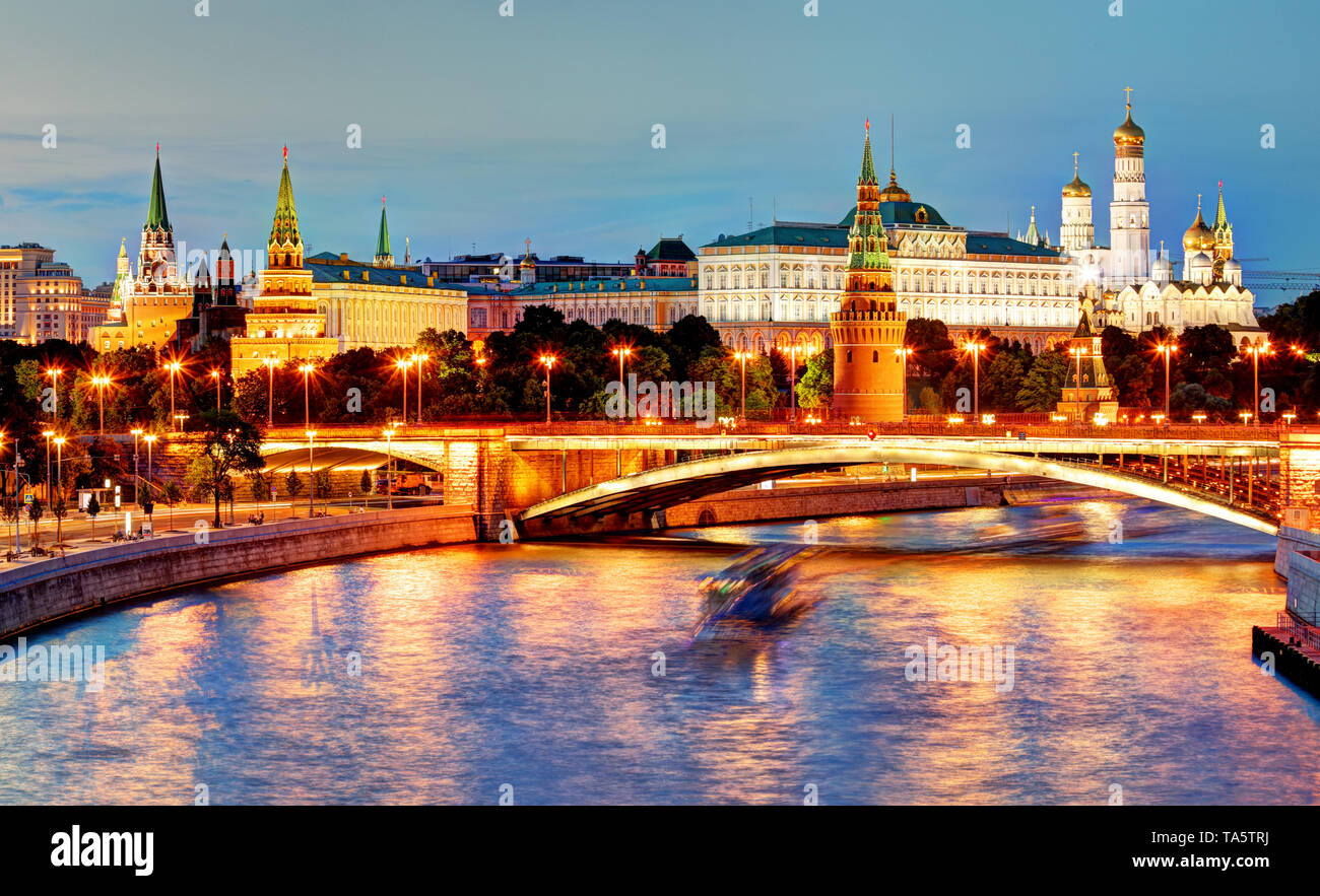 Moscow Kremlin at night, Russia with river Stock Photo