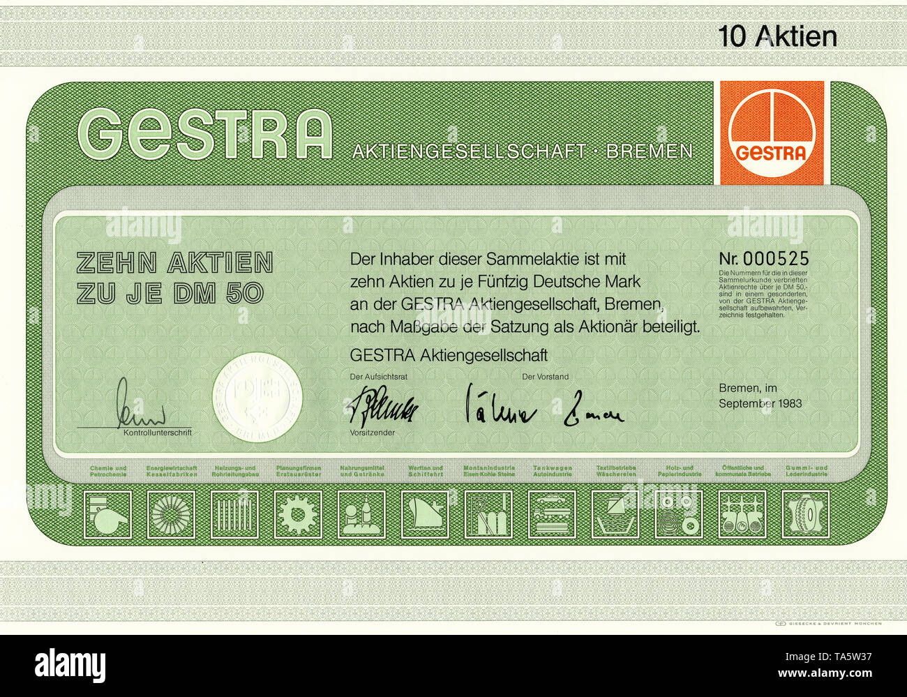 Historic stock certificate, Securities certificate, bearer warrant, Germany, Historische Aktie, 10 Aktien zu 50 DM, GESTRA AG, 1983, Bremen, Deutschland, Europa Stock Photo