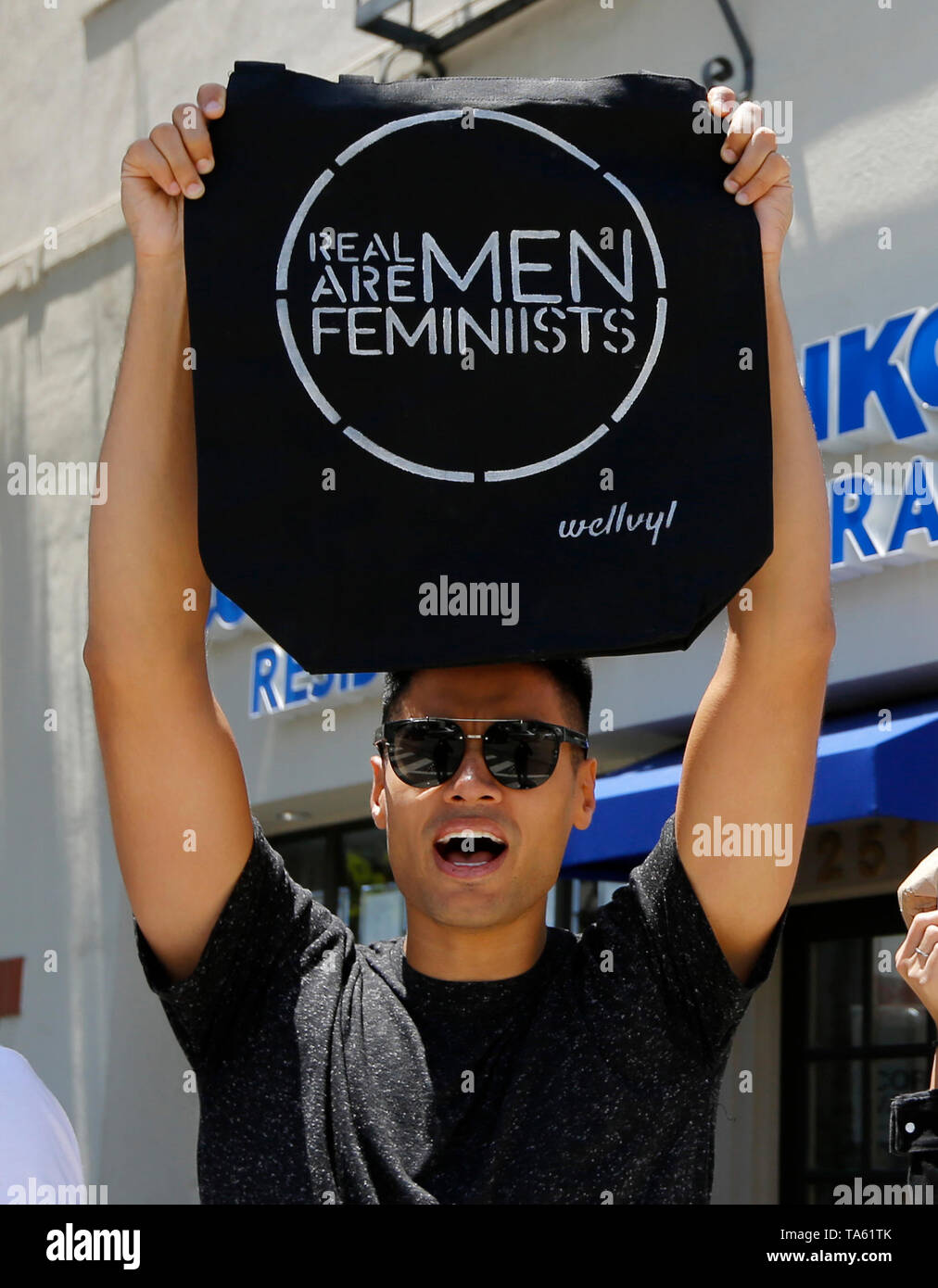 Los Angeles, USA. 21st May, 2019. A man attends a rally in Los Angeles, the United States, on May 21, 2019. Dozens of rallies were held Tuesday in southern California's major cities to denounce the growing number of states passing restrictive abortion laws and demand women's rights in the contentious abortion issue. Credit: Li Ying/Xinhua/Alamy Live News Stock Photo