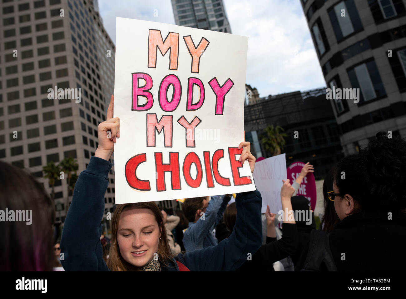 An activist seen holding a placard that says My body My Choice during the protest. Women rights activists protested against restrictions on abortions after Alabama passed the most restrictive abortion bans in the US. Similar Stop the Bans Day of Action for Abortion Rights rallies were held across the nation. Stock Photo