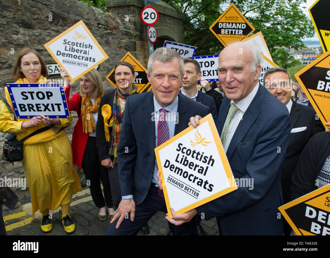 Edinburgh, UK. 22 May 2019. On the eve of the European elections Liberal Democrat Leader Vince Cable rallies activists and campaigners in Edinburgh. At the start of a day-long UK-wide tour Vince Cable will say that Liberal Democrats are set to make gains, including in Scotland, as the strongest party of Remain in the UK. Credit: Colin Fisher/Alamy Live News Stock Photo