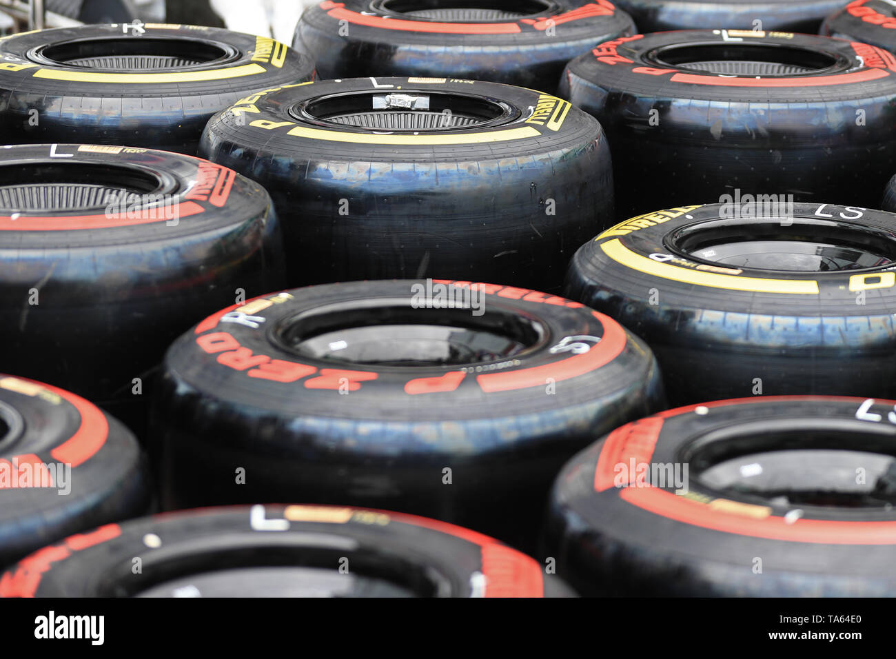 Monte Carlo, Monaco. 22nd May, 2019. FIA Formula 1 Grand Prix of Monte Carlo, driver arrival and preview day; Tires are prepared for the weekend Credit: Action Plus Sports/Alamy Live News Stock Photo