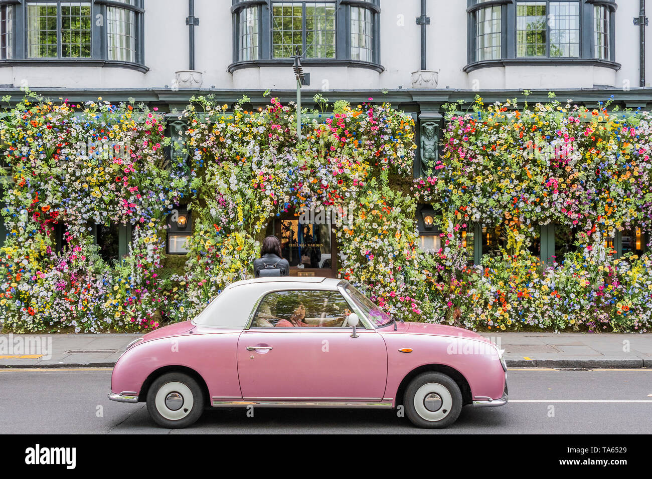 London, UK. 22nd May 2019. People pass by but many are drawn to stop an take pictures or selfies at The Ivy Chelsea Garden Branch - Chelsea in Bloom, part of the finge activities to the Chelsea Flower Show. Credit: Guy Bell/Alamy Live News Stock Photo