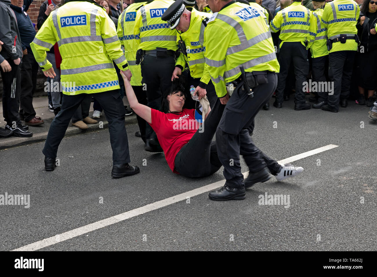 FILE PIC. Liverpool, UK.Labour Councillor Ann O'Byrne being dragged by her hair by police, she has since made a formal written complaint about her treatment.  Liverpool, UK. 19th May 2019. People protesting against Tommy Robinson in Bootle ahead of this weeks European Elections. Credit:Ken Biggs/Alamy Live News Stock Photo