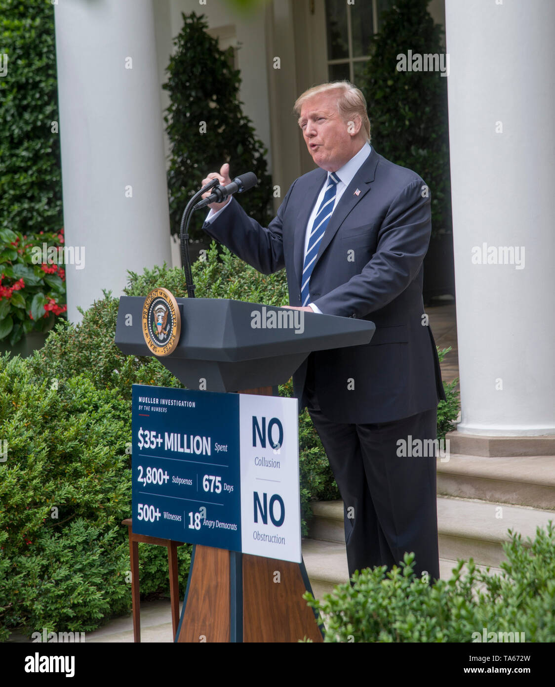 Washington DC, May 22, 2019, USA: President Donald J Trump holds an impromptu press conference in the White House Rose garden to condemn the on-going investigation after the Muller report was released. Patsy Lynch Stock Photo