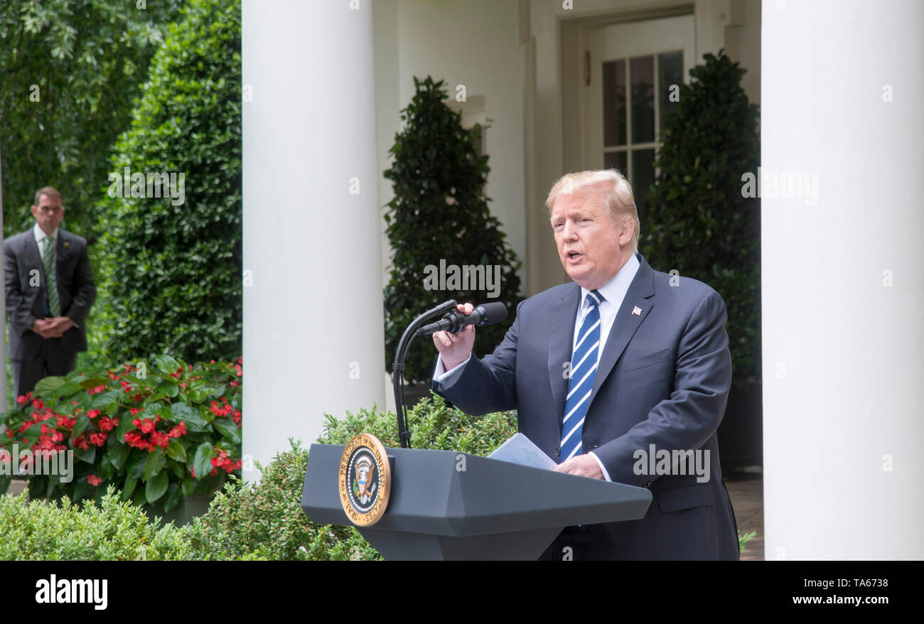 Washington DC, May 22, 2019, USA: President Donald J Trump holds an impromptu press conference in the White House Rose garden to condemn the on-going investigation after the Muller report was released. Patsy Lynch Stock Photo