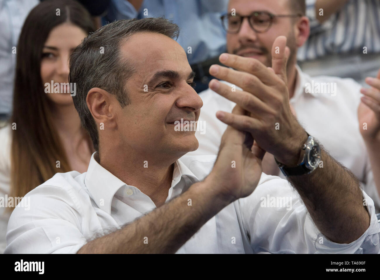 Athens, Greece. 22nd May 2019. KYRIAKOS MITSOTAKIS, leader of the conservative New Democracy party addresses supporters. New Democracy fans attended the party’s main pre-election rally in Athens as Greeks will vote for European Parliament and municipalities on May 26th.© Nikolas Georgiou / Alamy Live News Stock Photo