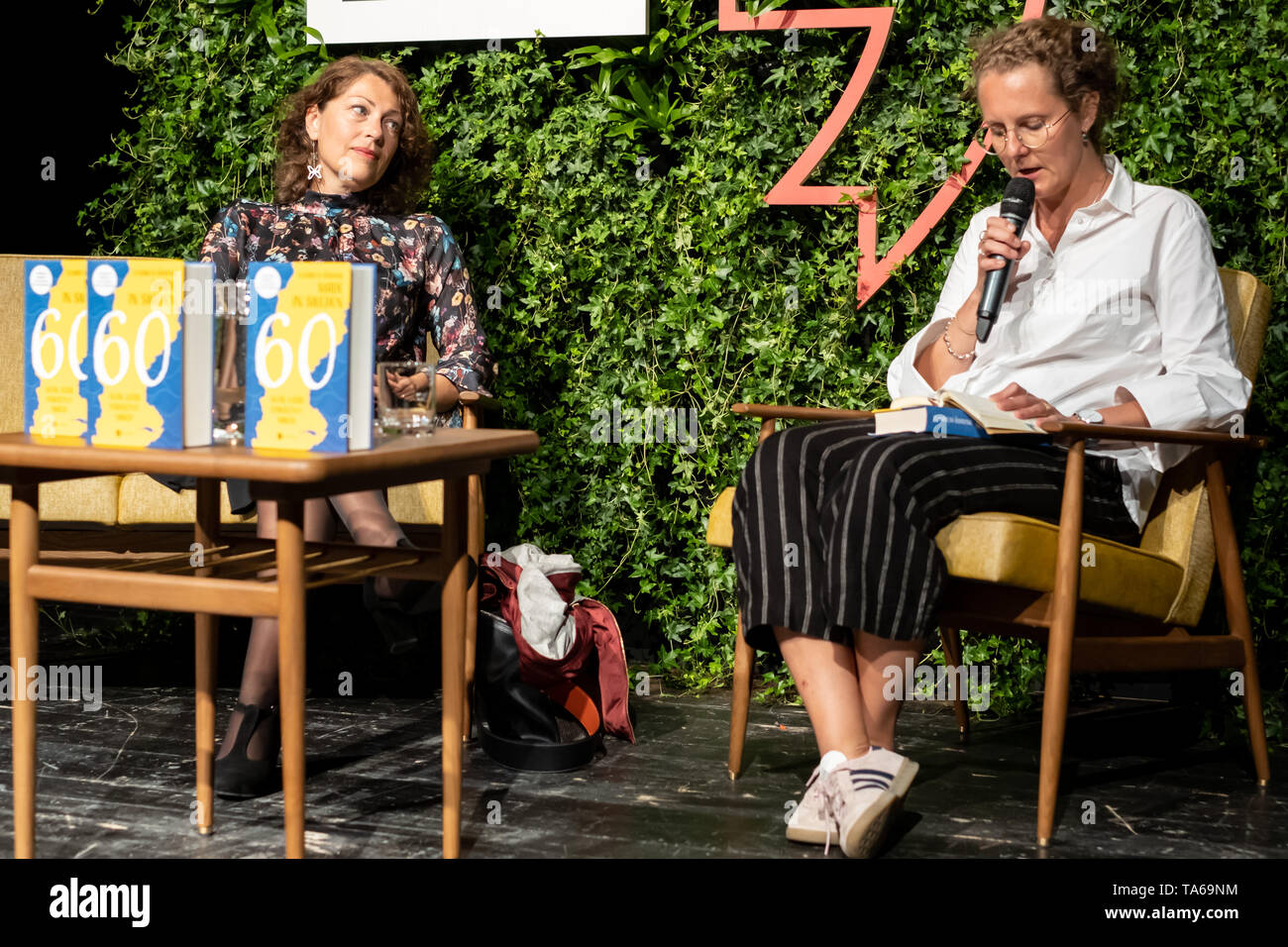Warsaw, Poland. 22nd May, 2019. Swedish author, Elisabeth Åsbrink (L) at the meeting with readers during Apostrof. International Literature Festival. She is promoting in Poland her latest book 'Made in Sweden. 60 words that created a nation'. Robert Pastryk / Alamy Live News Stock Photo