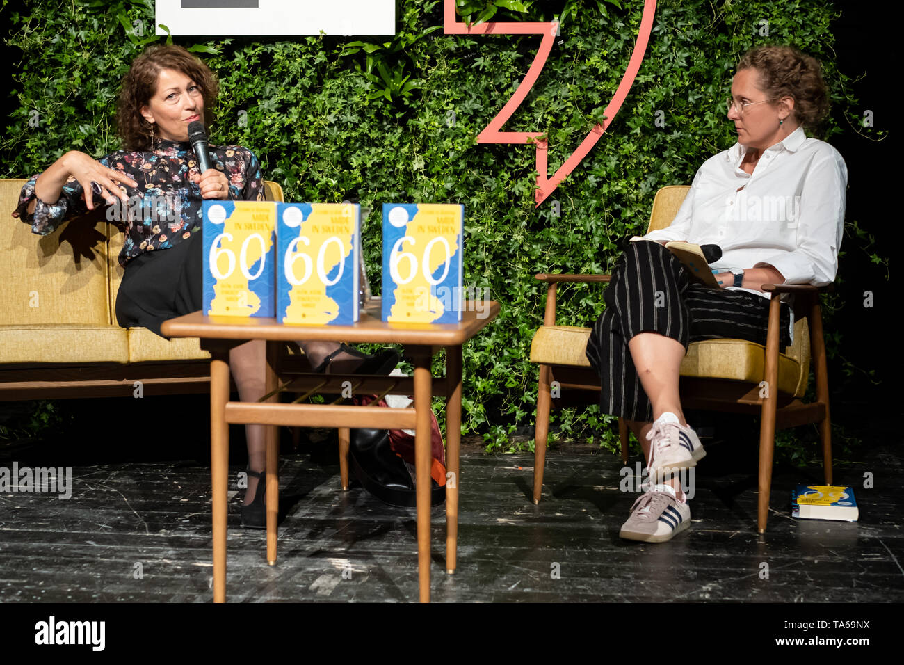 Warsaw, Poland. 22nd May, 2019. Swedish author, Elisabeth Åsbrink (L) at the meeting with readers during Apostrof. International Literature Festival. She is promoting in Poland her latest book 'Made in Sweden. 60 words that created a nation'. Robert Pastryk / Alamy Live News Stock Photo