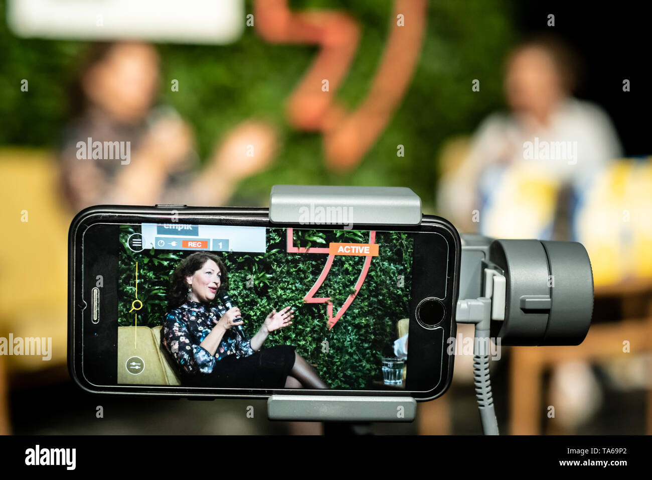 Warsaw, Poland. 22nd May, 2019. Swedish author, Elisabeth Åsbrink (L) at the meeting with readers during Apostrof. International Literature Festival. She is promoting in Poland her latest book 'Made in Sweden. 60 words that created a nation'. Robert Pastryk / Alamy Live News Stock Photo