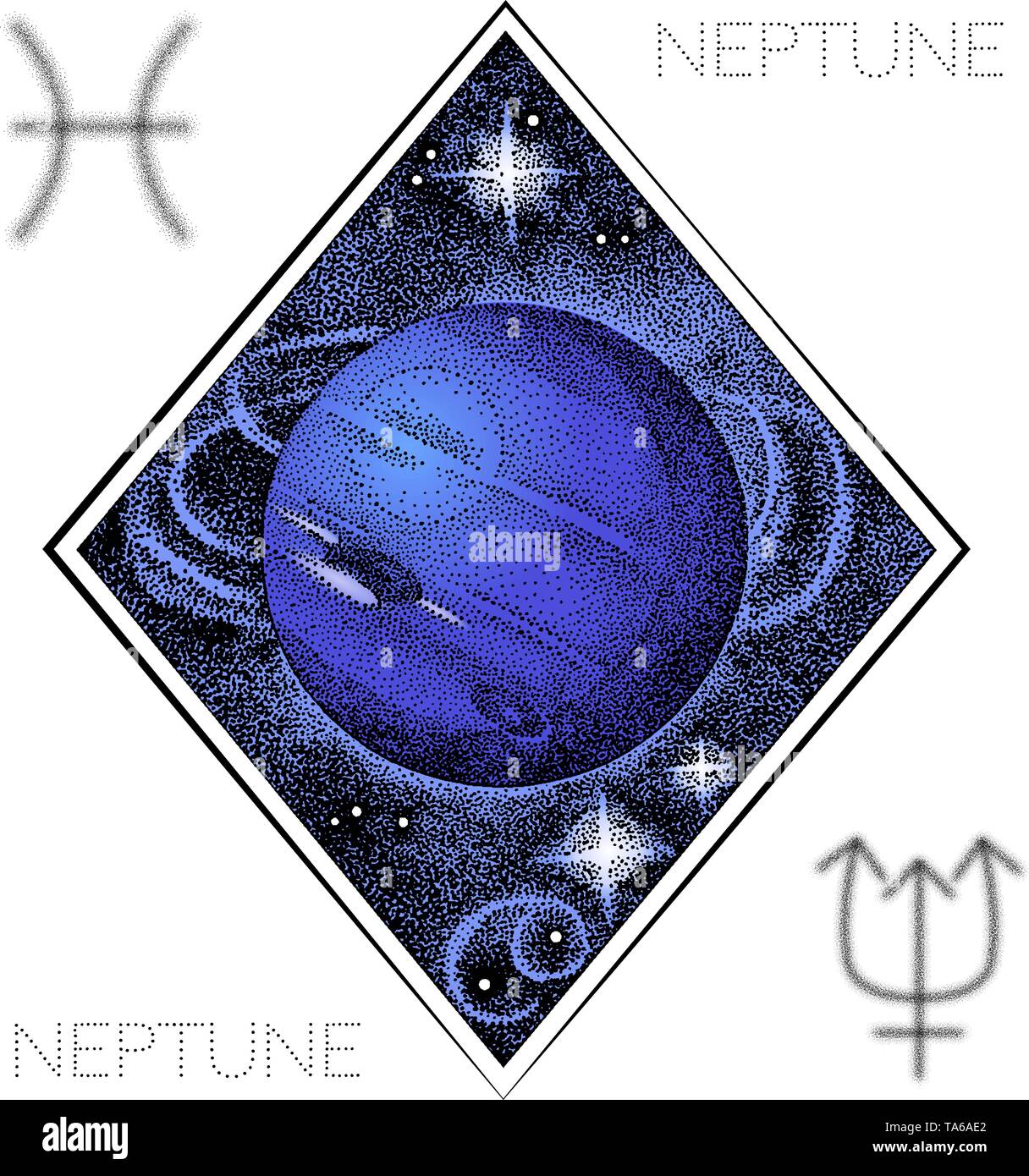 Neptune planet. Hand drawn illustration in dotwork style with astrological symbols of the planet and Pisces zodiac sign. Space concept, astrology, ast Stock Vector