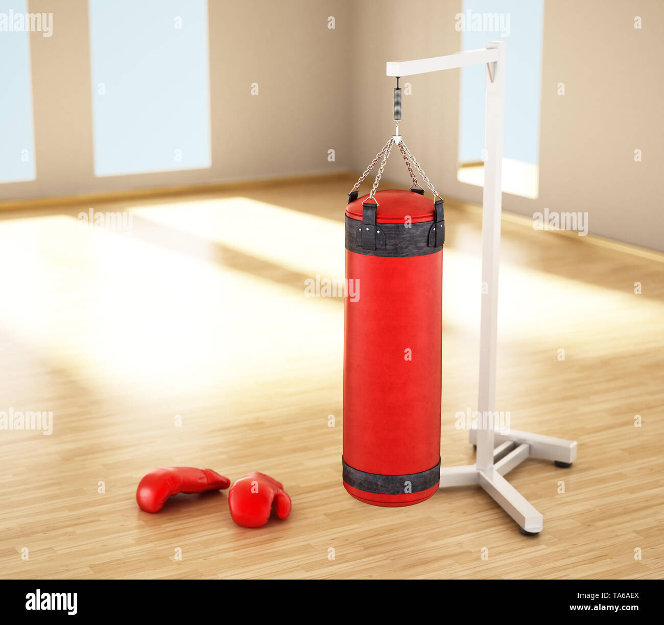 Boxing sandbag hanging on the chain inside a room. 3D illustration. Stock Photo
