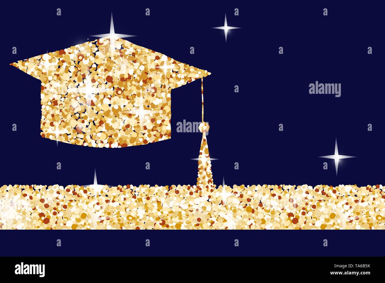 Golden graduation cap horizontal banner, gold college student icon made of golden glitter dust on dark blue background. Vector. Stock Vector