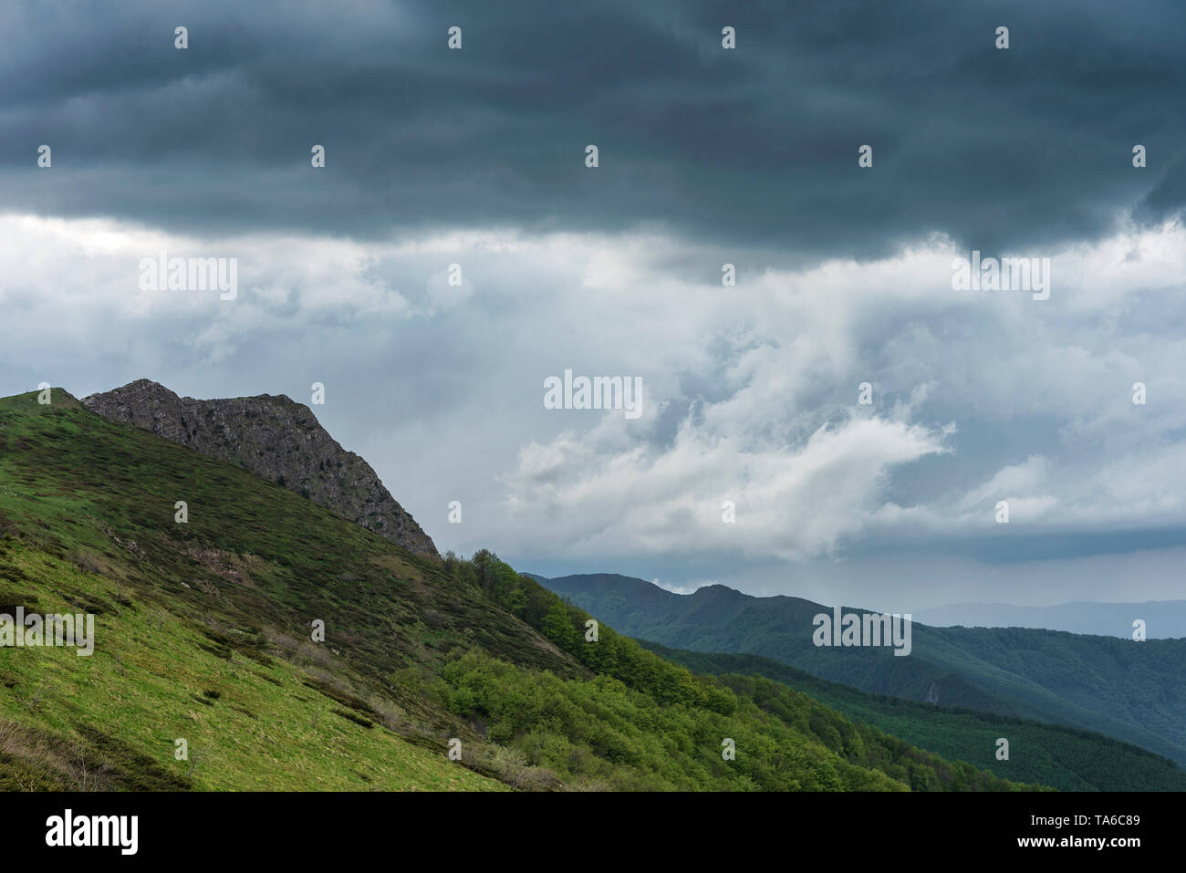 Beautiful mountain view from the path from Beklemeto to Kozya Stena, Troyan Balkan, Bulgaria Stock Photo