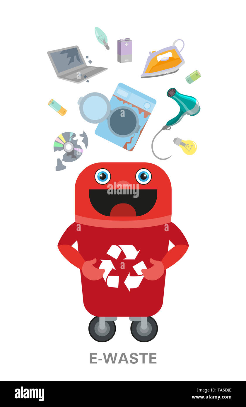 Electronic waste in recycling bin with discarded electrical and