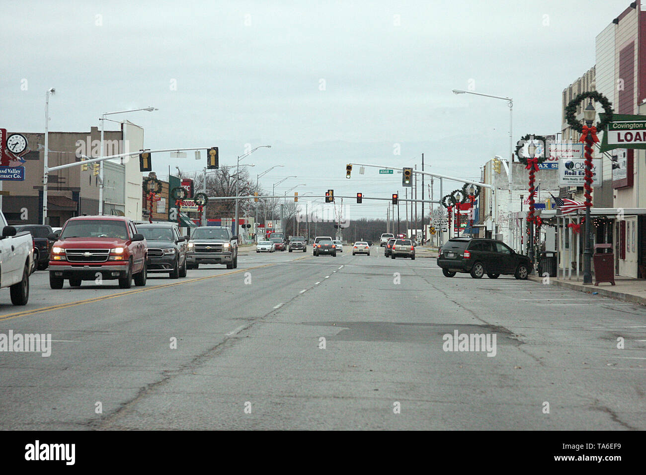 Driving on OK-20W through the small town of Pryor, OK, USA in wintertime Stock Photo