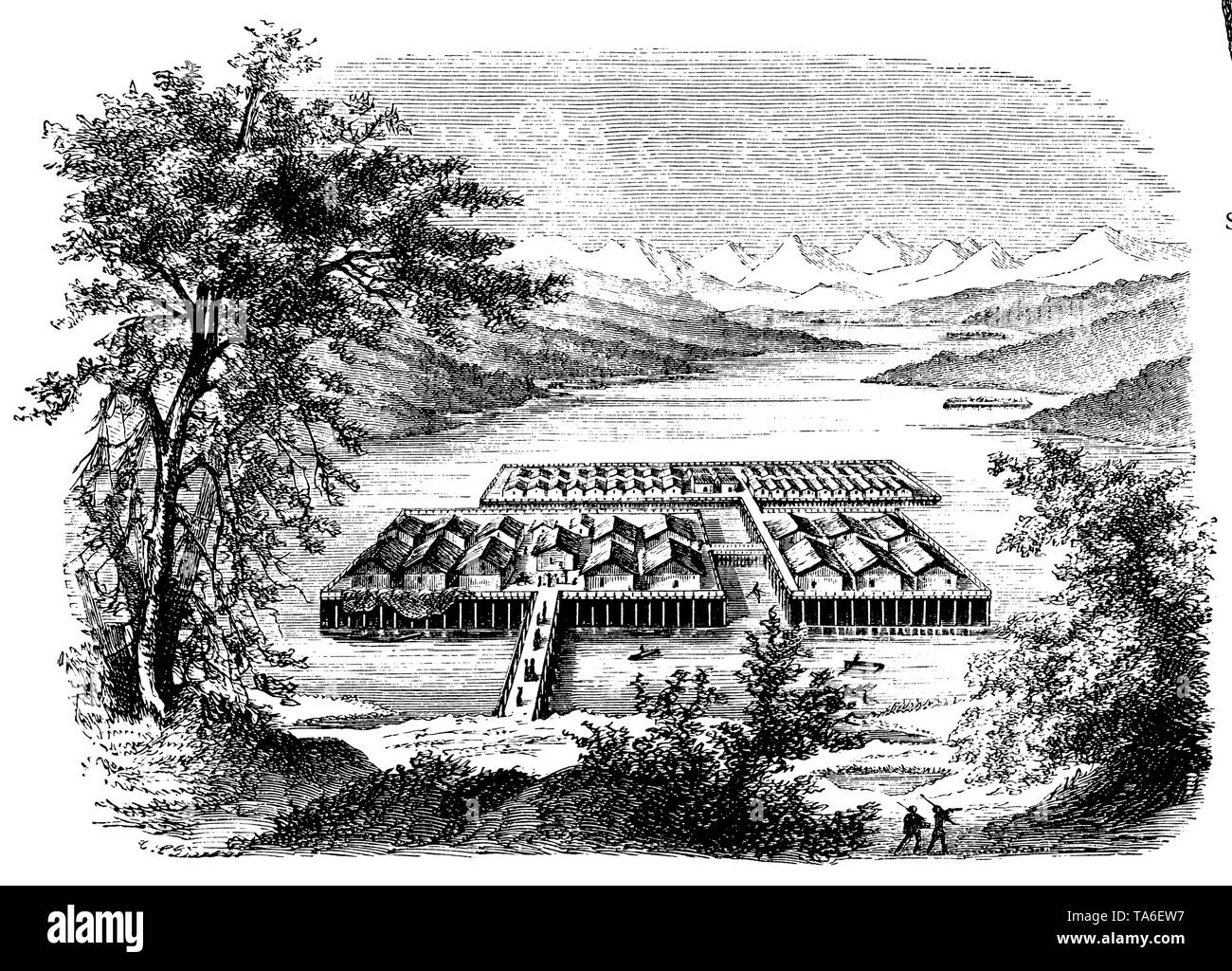 Reconstructed pile village on Lake Zurich, , unleserlich (economy book, 1915) Stock Photo
