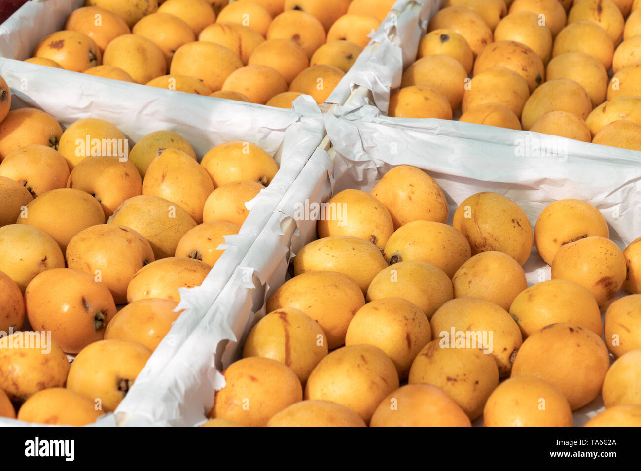 Loquat fruit or Japanese medlars on crates at farmers market. Eriobotrya japonica Stock Photo