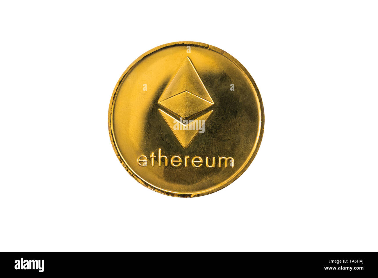 Circle silver Ethereum coin isolated on white background. Clipping path, Digital currency, block chain market. Stock Photo